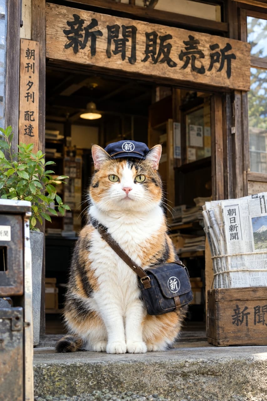 「街の情報ステーションへようこそニャ🏠✨看板娘の三毛猫ちゃんが今日も凛々しくお出迎えしてくれるよ🐾」Ultra-realistic high-quality photograph of a plump calico cat wearing a blue uniform cap and a matching shoulder bag, sitting proudly with a straight back and looking forward in front of a traditional wooden building with a "Newspaper Shop" sign. Retro wooden boxes and newspaper bundles create a nostalgic scene. 「新聞販売所」と書かれた古風な木造建築の店先で、青い制服帽子と揃いのショルダーバッグを身につけたふくよかな三毛猫が、背筋を伸ばして誇らしげに正面を見据えて座っている様子。レトロな木箱や新聞の束が並ぶ、ノスタルジックで超リアルな高品質写真