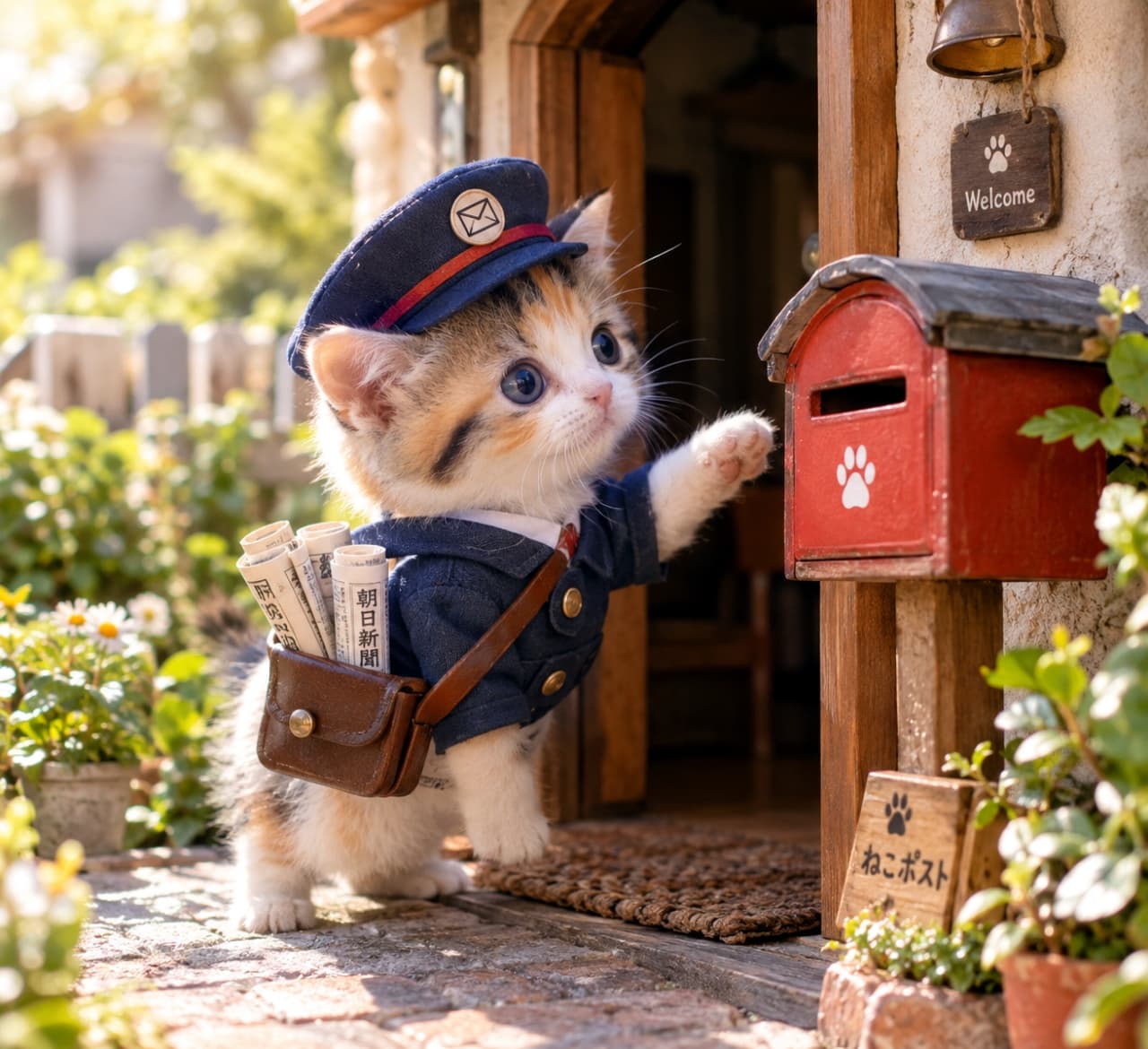 「よいしょっと！朝イチのニュースをしっかりお届けニャ📮✨小さな配達員さんのがんばる背中にエールを📣💕」Ultra-realistic high-quality photograph of a tiny calico kitten wearing a blue uniform and cap, carrying a brown bag full of newspapers, stretching up to deliver the morning paper into a red mailbox bathed in warm morning light. Lush garden plants and a tiny door create a fairytale-like, incredibly cute scene. 暖かな朝の光が降り注ぐ中、青い制服と帽子を着た小さな三毛猫の子猫が、新聞が入った茶色いカバンを背負い、背伸びをして赤いポストに朝刊を届けようと前足を伸ばしている様子。緑豊かな庭先の植物と小さなドアが童話のような世界観を演出する超リアルで高品質な写真