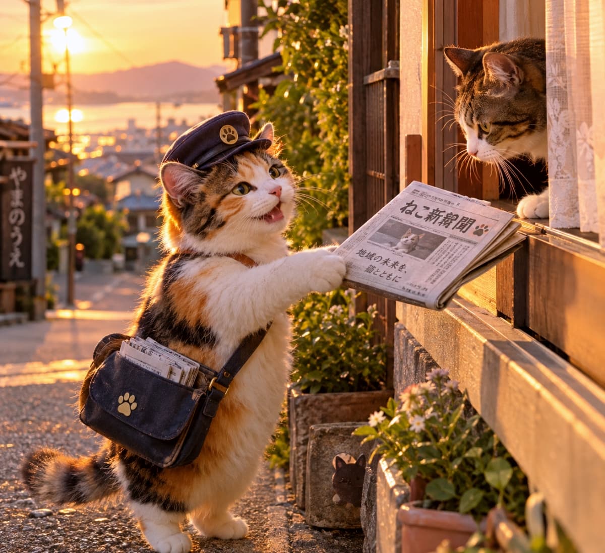 「夕暮れ時のほっこりタイム🌇小さな配達員さんが今日のニュースと最高の笑顔をお届けに来たニャ🐾💌」Ultra-realistic high-quality photograph of a calico kitten wearing a blue cap and bag, smiling and handing a "Neko Shimbun" newspaper to a tabby cat looking out of a window in a retro townscape bathed in beautiful sunset light, with the golden rays highlighting its fluffy silhouette. 美しい夕暮れの光に包まれたレトロな街並みで、青い帽子とカバンを身につけた三毛猫の子猫が、窓から顔を出すキジトラ猫に「ねこ新聞」を笑顔で手渡している様子。夕陽が子猫のふんわりとした輪郭を黄金色に輝かせる、心温まる超リアルで高品質な写真