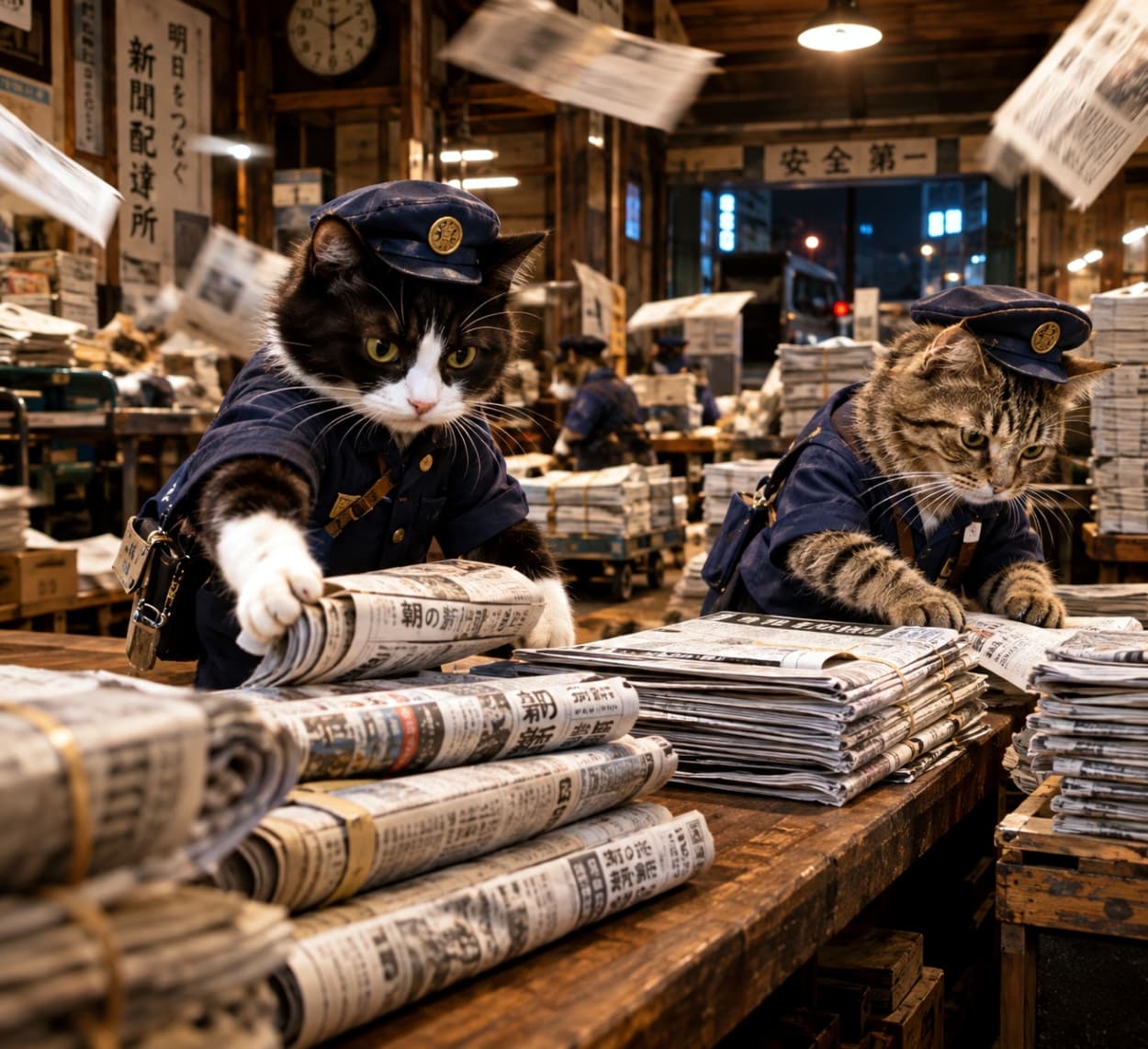 「出発時間はもうすぐニャ！⏰大忙しの配達所で新聞と格闘するスタッフたちの熱気をお届け🔥🐾」Ultra-realistic high-quality photograph of a tuxedo cat and a tabby cat in matching blue uniforms and caps, frantically sorting huge bundles of newspapers in a bustling night delivery center. Flying newspapers emphasize the dynamic busyness of the scene, highlighting the cats' intense focus. 活気あふれる夜の新聞配達所で、お揃いの青い制服と帽子を着たハチワレ猫とキジトラ猫が、大量の新聞の束を必死に仕分けしている様子。宙を舞う新聞紙が現場のダイナミックな忙しさを強調し、猫たちの真剣な眼差しが印象的な超リアルで高品質な写真
