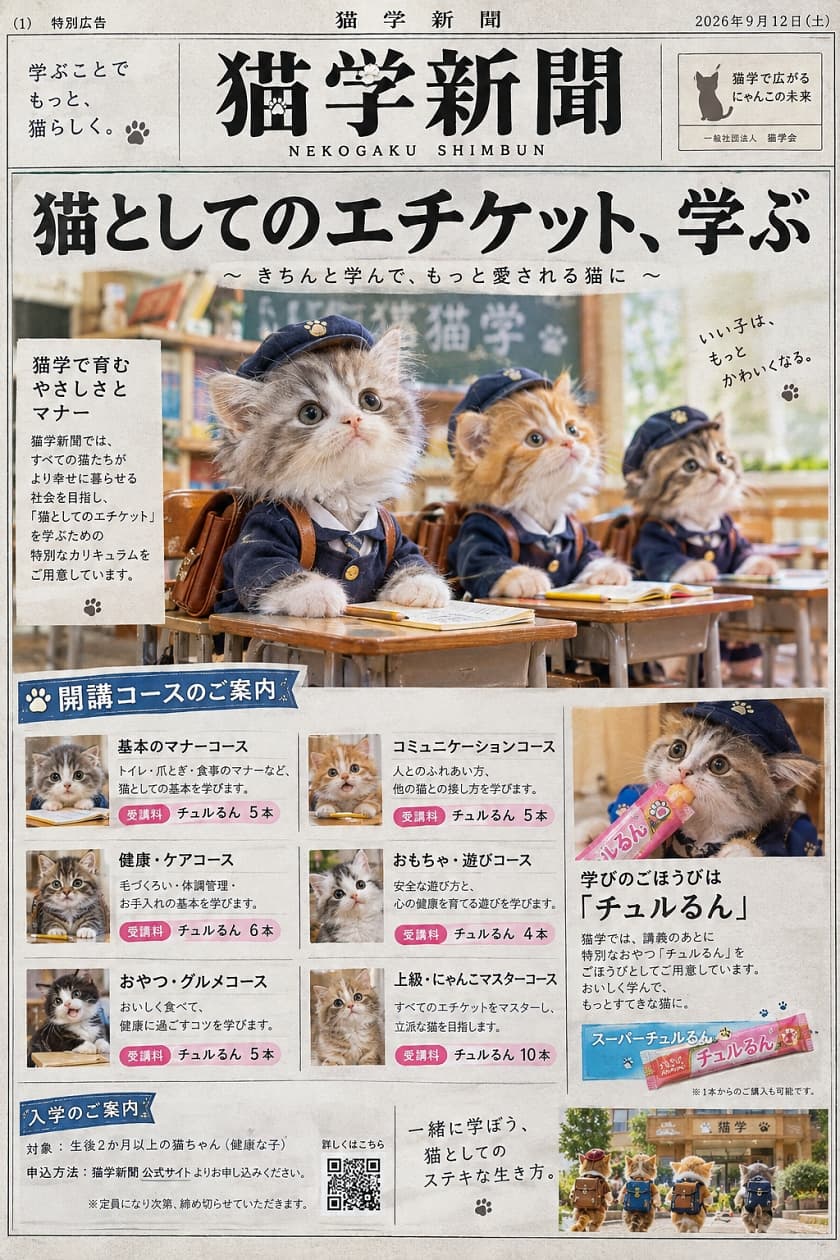 「猫社会のエチケットはお任せニャ🎓✨小さなおててでお勉強を頑張る姿から目が離せないよ🐾💖」Ultra-realistic high-quality photograph of tabby-and-white and orange tabby kittens wearing navy school uniforms and hats, studying earnestly while sitting in a row at wooden desks. The tabby-and-white kitten in the foreground looks forward with serious round eyes, while the soft natural light of the nostalgic classroom warmly illuminates their fluffy fur, designed as a fictional newspaper article. 紺色の制服と帽子を身につけたキジ白や茶トラの子猫たちが、木製の机に並んで座り熱心にお勉強している様子。手前のキジ白子猫が真剣な丸い瞳で前を見つめ、ノスタルジックな教室の柔らかな自然光がふんわりとした被毛を温かく照らす超リアルで高品質な写真。架空の新聞記事風デザイン