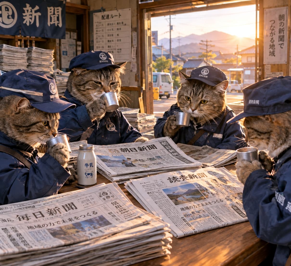「朝のお仕事お疲れ様ニャ！🌅仲間とみんなで飲む牛乳は格別の美味しさだね🥛✨今日も一日がんばろう🐾」Ultra-realistic high-quality photograph of four tabby cats wearing matching blue delivery uniforms and caps, gathered around a wooden table in a retro newspaper distribution center bathed in warm dawn light. They are relaxing, holding small tin cups with their front paws and drinking milk, with various Japanese newspapers and a milk bottle spread on the table, perfectly capturing their soft fur and warm camaraderie. 暖かな朝陽が差し込むレトロな新聞販売所で、お揃いの青い配達員制服と帽子を身につけた4匹のキジトラ猫が木のテーブルを囲んでいる様子。テーブルに広げられた複数の新聞と牛乳瓶を前に、小さな金属製のコップを前足で持ち上げて牛乳を飲みながらリラックスしている。猫たちの柔らかな被毛の質感や、仲間同士の温かい絆が朝の光にドラマチックに照らし出された、超リアルで高品質な写真