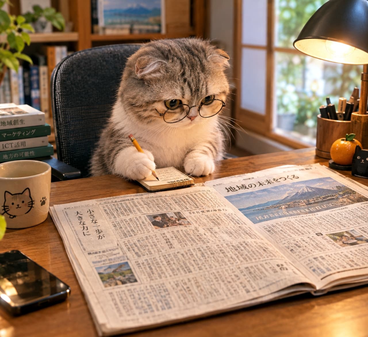 「小さなおててで一生懸命メモを取る姿から目が離せないにゃ📝✨今日もお勉強頑張る知的な姿を応援してね👓🐾」Ultra-realistic high-quality photograph of an adorable silver tabby and white Munchkin with short legs, wearing round glasses, holding a pencil firmly and taking notes on a notepad while reading a newspaper with a serious expression. The warm light from a desk lamp creates an intellectual and calm atmosphere in the study, complete with books and a mug. 丸眼鏡をかけた短い手足が愛らしいシルバータビー＆ホワイトのマンチカンが、木製デスクで鉛筆をしっかり握り、メモ帳に書き込みながら真剣な表情で新聞を読む様子。温かいデスクランプの光が、本やマグカップが置かれた書斎の知的で落ち着いた雰囲気を演出する超リアルで高品質な写真