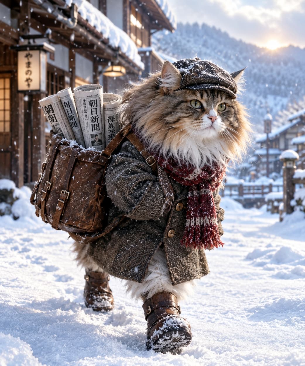 「雪の日も休まずお届けするニャ❄️🎒もふもふの配達員さんが運ぶ朝刊はなんだかいつもより暖かそうにゃん☃️✨」Ultra-realistic high-quality photograph of a long-haired tabby Norwegian Forest Cat wearing a tweed coat, newsboy cap, and red scarf, walking through a snowy, retro hot spring village. Carrying a leather backpack full of newspapers, the severe winter cold and the cat's earnest expression create a narrative scene. 雪が降り積もるレトロな温泉街を背景に、ツイードのコートとキャスケット帽、赤いマフラーを身に纏った長毛のキジトラ（ノルウェージャンフォレストキャット）が歩いている様子。背中の革製リュックには大量の新聞が詰まっており、冬の厳しい寒さと猫の真剣な表情が物語性を生む超リアルで高品質な写真