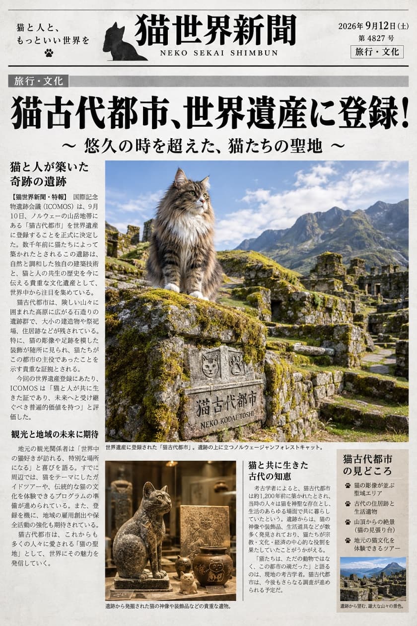 「はるか昔のロマンを感じる遺跡と猫のコラボ🐱✨猫の聖地がついに世界遺産に登録された歴史的瞬間をお届け📸」Ultra-realistic high-quality photograph of a fluffy brown tabby Norwegian Forest Cat sitting majestically on mossy ancient stone ruins. The magnificent green mountains and blue sky in the background, along with natural sunlight shining on the cat's voluminous fur, enhance its mystical and sacred charm, designed as a fictional newspaper article. 豊かな飾り毛を持つブラウンタビーのノルウェージャンフォレストキャットが、苔むした古代の石造り遺跡の上に威風堂々と座っている様子。背景には緑深い雄大な山々と青空が広がり、自然光が猫のふさふさの被毛を輝かせ、神秘的で神聖な魅力を引き立てるリアルで高品質な写真。架空の新聞記事風デザイン