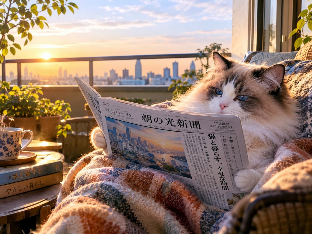 「絶景の朝焼けと一緒に優雅な朝活タイム☕🌅美しい青い瞳でニュースをチェックする姿に釘付けにゃ✨」Ultra-realistic high-quality photograph of a Ragdoll cat with beautiful sapphire blue eyes and abundant long hair, wrapped in a warm blanket on a balcony chair, elegantly reading the "Morning Light Newspaper" against a city sunrise backdrop. Golden morning sunlight shines on its silk-like fur, and steaming coffee nearby creates an exquisite morning routine atmosphere. 美しいサファイアブルーの瞳と豊かな長毛を持つラグドールが、都市の朝焼けを背景にバルコニーの椅子で温かいブランケットに包まり、「朝の光新聞」を優雅に読んでいる様子。黄金色の朝日がシルクのような被毛を輝かせ、傍らの湯気の立つコーヒーが極上の朝活タイムを演出する超リアルで高品質な写真