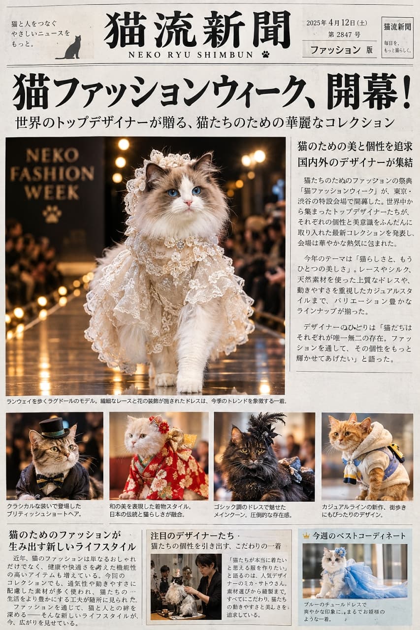 「今年のトレンドは私が作るの👠✨優雅なドレスを着こなすトップモデルの圧倒的オーラに見惚れちゃうね💎🐈」Ultra-realistic high-quality photograph of a Ragdoll cat wearing a lavish dress and headdress heavily decorated with delicate lace and flowers, walking confidently down a fashion show runway. Its characteristic beautiful blue eyes look straight ahead, while its fluffy fur and the silk-like texture of the dress shine beautifully under the spotlight, exuding an overwhelming presence in a fictional fashion magazine design. 繊細なレースと花の装飾がふんだんに施された豪奢なドレスとヘッドドレスを身に纏ったラグドールが、ファッションショーのランウェイを堂々と歩く様子。特徴的な美しいブルーの瞳が前方をしっかりと見据え、ふさふさの被毛とシルクのようなドレスの質感がスポットライトに美しく映え、圧倒的な存在感を放つリアルで高品質な写真。架空のファッション誌風デザイン