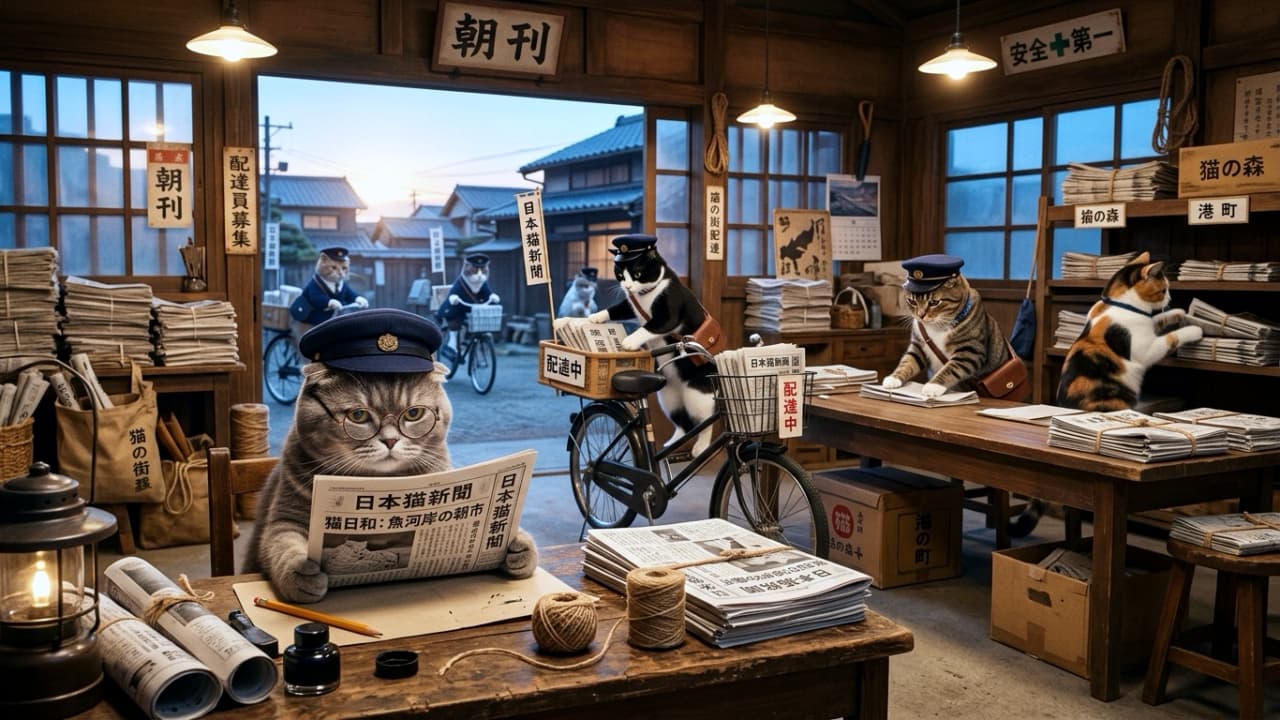 「朝刊の配達準備で大忙しの猫ちゃんたち🗞️眼鏡姿の編集長（？）も真剣そのものでほっこりしますね🐾✨ #猫 #レトロ #昭和ノスタルジー」An ultra-realistic high-quality photograph of a nostalgic Japanese Showa-era newspaper delivery office filled with seven working cats. In the foreground, a gray silver tabby wearing round glasses and a conductor-style cap attentively reads \"Japan Cat News\" at his wooden desk illuminated by a lantern. On the right, a brown tabby folds newspapers on a table while a calico retrieves papers from a shelf. In the center, a black-and-white tuxedo cat loads newspapers onto a delivery bicycle. Outside in the morning twilight, three more cats on bicycles head out for deliveries through a vintage Japanese neighborhood. 昭和の雰囲気が漂う木造の新聞販売店の店内で、配達準備や紙面チェックに励む合計7匹の猫たちの精巧な写真。手前中央では、丸眼鏡をかけ制帽をかぶったグレーのサバトラ（スコティッシュフォールド風）が机で「日本猫新聞」を広げて熟読している。右側の作業台では、キジトラが新聞を折りたたみ、三毛猫が棚から新聞を取り出している。中央奥ではハチワレ（黒白）が配達用自転車の荷台に新聞を積み込み、屋外の町並みには自転車で配達に向かうキジトラ2匹と白い猫1匹の姿が見える。ランプの光や積み上げられた新聞束、壁の看板類がノスタルジックで温かみのある世界観を醸し出している