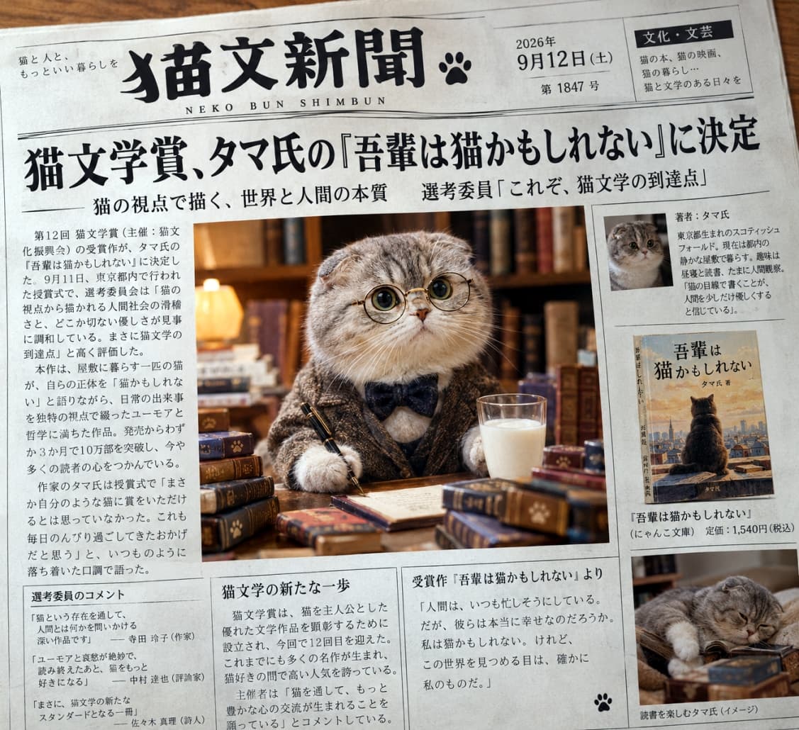 「猫の視点で描く文学の世界へようこそ📖✨文学賞を受賞したタマ先生の心温まる名作を秋の夜長に楽しもう☕🍂」Ultra-realistic high-quality photograph of a Scottish Fold with its characteristic folded ears, wearing a bow tie and round glasses, writing with a fountain pen at an antique desk. Accompanied by a glass of milk and thick stacked books, warm orange lamp light gently envelops the intellectual space, designed as a fictional newspaper article. 特徴的な折れ耳を持つスコティッシュフォールドが、蝶ネクタイと丸眼鏡でおめかしし、アンティークなデスクで万年筆を手に執筆している様子。傍らにはミルクの入ったグラスや分厚い本が積まれ、温かみのあるランプのオレンジ色の光が知的な空間を優しく包み込む、リアルで高品質な写真。架空の新聞記事風デザイン