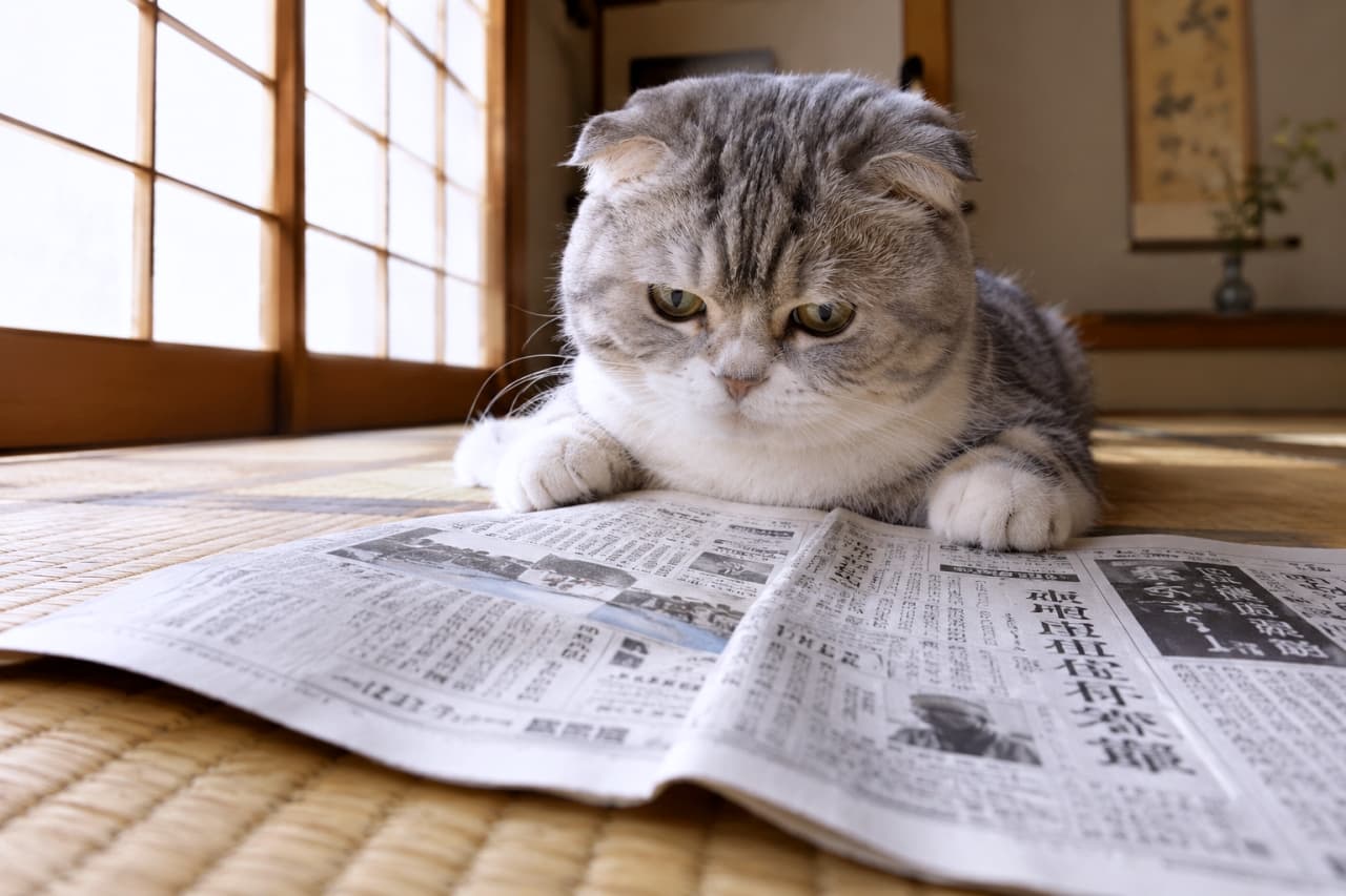 「和室でまったり新聞チェック中📰✨真面目なお顔で社会情勢をしっかりお勉強する姿が最高に可愛いにゃ🐾」Ultra-realistic high-quality photograph of a silver tabby and white Scottish Fold with characteristic folded ears, resting both front paws on a spread newspaper on traditional tatami mats and reading the articles with an earnest gaze. Soft natural light streaming through the shoji screens beautifully illuminates its rounded form and fluffy fur. 伝統的な和室の畳の上で、特徴的な折れ耳を持つシルバータビー＆ホワイトのスコティッシュフォールドが、広げた新聞に両前足を置き、真剣な眼差しで記事を熟読している様子。障子越しに差し込む柔らかな自然光が、丸みを帯びたフォルムとふんわりとした被毛を美しく照らし出す超リアルで高品質な写真