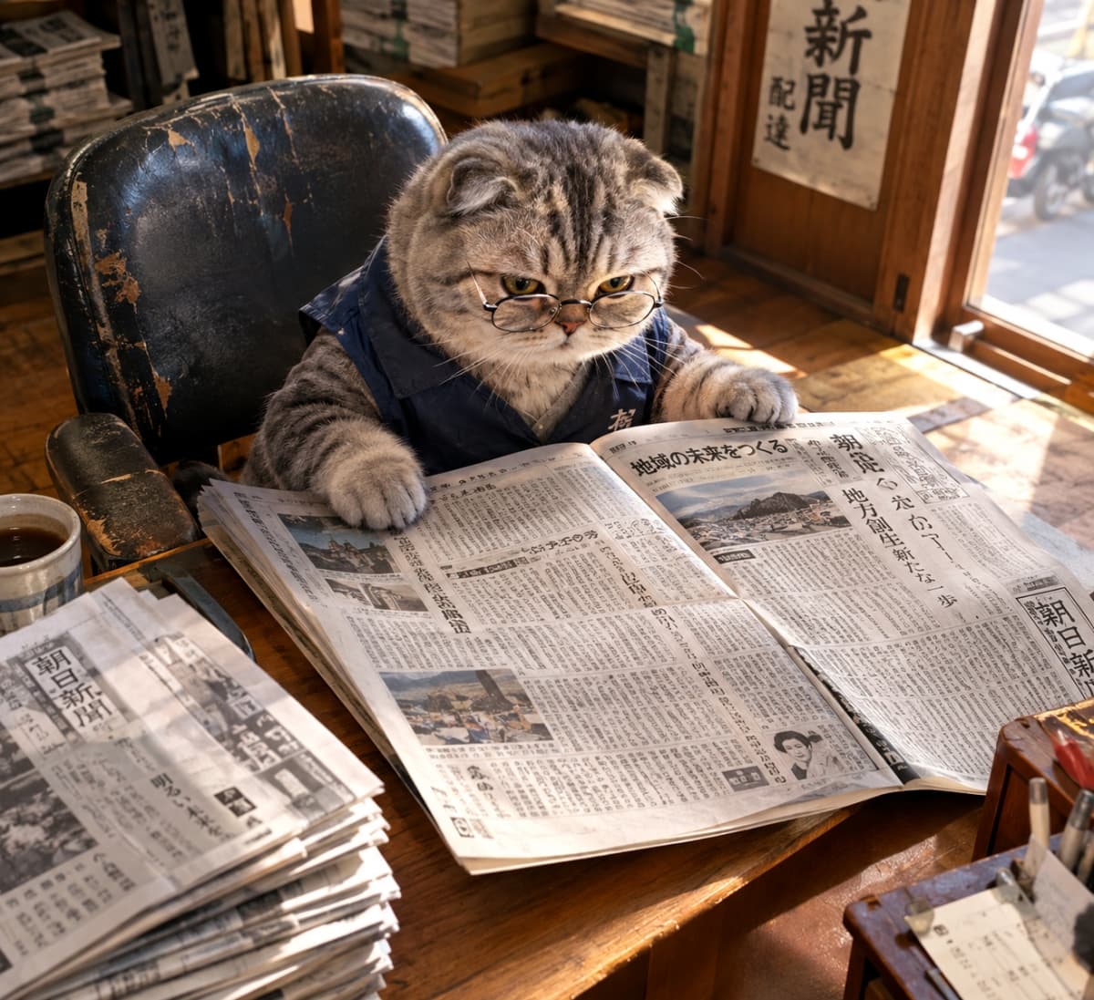「今日のトップニュースを厳しくチェック中👓✨新聞販売所の頼れる店長さんはお仕事に夢中だニャ🐾」Ultra-realistic high-quality photograph of a Scottish Fold with folded ears, wearing round glasses and a blue vest, checking a newspaper with a serious gaze at a wooden desk in a retro newspaper shop. The tall stacks of newspapers and soft incoming light create an intellectual and calm atmosphere. レトロな新聞販売所の木のデスクで、丸眼鏡と青いベストを着用した折れ耳のスコティッシュフォールドが、真剣な眼差しで新聞の紙面をチェックしている様子。高く積まれた新聞の束や、差し込む柔らかな光が知的で落ち着いた雰囲気を醸し出す超リアルで高品質な写真