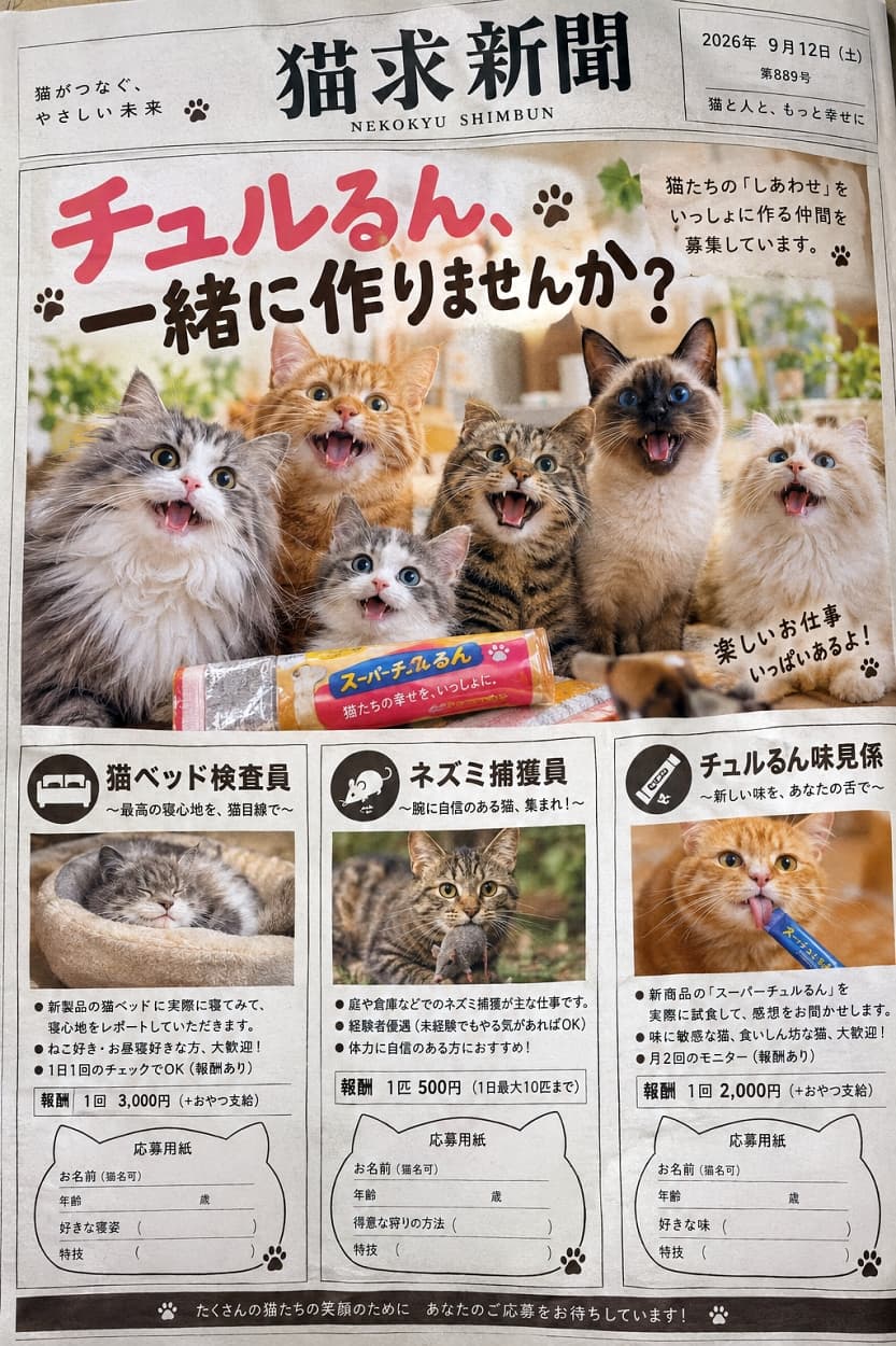 「楽しいお仕事がいっぱいニャ✨みんなで一緒に最高のおやつを作ろう🐟履歴書の準備はできたかな？📝🐾」Ultra-realistic high-quality photograph of cats with various coat colors, including Siamese mix, tabby, orange tabby, and long-haired breeds, leaning forward with huge smiles in front of a pink "Super Chururun" treat package. Designed as a fictional recruitment advertisement, it features unique job details at the bottom such as "Cat Bed Tester," "Mouse Catcher," and "Chururun Taste Tester," capturing an energetic and humorous scene. シャムミックス、キジトラ、茶トラ、長毛種など多彩な毛色の猫たちが、ピンク色のパッケージのおやつ「スーパーチュルるん」を前に身を乗り出して満面の笑顔を見せている様子。架空の求人広告風デザインで、下部には「猫ベッド検査員」「ネズミ捕獲員」「チュルるん味見係」といったユニークな求人詳細が並ぶ、活気とユーモアあふれる超リアルで高品質な写真