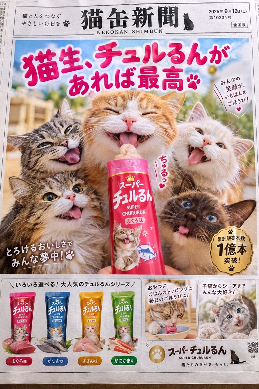 「とろける美味しさのチュルるんにみんな大興奮ニャ🐟💨最高のおやつタイムで笑顔が弾けちゃうね😆✨」Ultra-realistic high-quality photograph of four cats with various coat colors, including tabby, orange tabby, white, and Siamese mix, looking at a pink treat tube named "Chururun" with wide smiles and open mouths. Bright natural light vividly illuminates their soft fur, capturing a scene full of happiness in a fictional newspaper advertisement design. キジトラ、茶トラ、白猫、シャムミックスなど多彩な毛色を持つ4匹の猫たちが、ピンク色のおやつチューブ「チュルるん」を見つめて口を開け、満面の笑顔を見せる様子。明るい自然光が猫たちの柔らかな被毛を鮮明に照らし出す、多幸感あふれる超リアルで高品質な写真。架空の新聞広告風デザイン