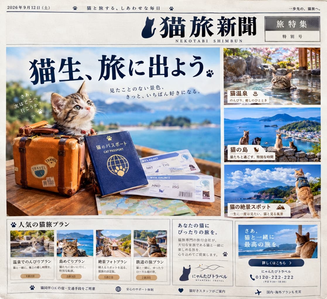 「さあ、新しい景色を見に行こう✈️🌍パスポートの準備もバッチリなちびっ子トラベラーの出発ニャ🧳✨」Ultra-realistic high-quality photograph of an adorable tabby-and-white kitten peeking out of a vintage leather trunk, with a beautiful view of the blue sea and islands in the background. A blue cat passport and boarding passes are placed nearby, capturing an expression of excitement for the upcoming journey. 青い海と島々を望む絶景を背景に、革製のヴィンテージトランクの中から愛らしいキジ白の子猫が顔を出している様子。傍らには猫用の青いパスポートと航空券が置かれ、これからの旅への期待に胸を膨らませる表情が捉えられた超リアルで高品質な写真