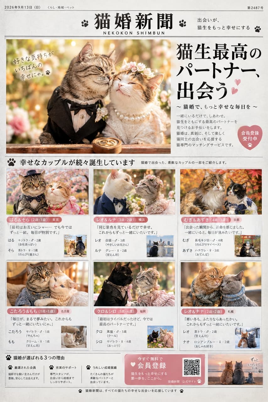 「永遠の愛を誓うハッピーウエディング🔔✨最高にお似合いなキジトラ君と三毛猫ちゃんの門出を祝おう🥂💐」Ultra-realistic high-quality photograph of a handsome tabby cat in a tuxedo and bow tie, and a calico cat wearing a flower crown, pearl necklace, and gorgeous wedding dress, cuddling affectionately at an outdoor table. Two rings are placed in the foreground, and dappled sunlight sparkles on their contented expressions and beautiful fur, capturing a moment full of blessing, designed as a fictional newspaper article. 蝶ネクタイとタキシードをビシッと着こなした凛々しいキジトラ猫と、花冠とパールのネックレス、華やかなウェディングドレスを身に纏った三毛猫が、屋外のテーブルで仲睦まじく寄り添い合っている様子。手前には二つの指輪が置かれ、木漏れ日が二匹の満ち足りた表情と美しい毛並みをキラキラと輝かせる、祝福感に満ちたリアルで高品質な写真。架空の新聞記事風デザイン
