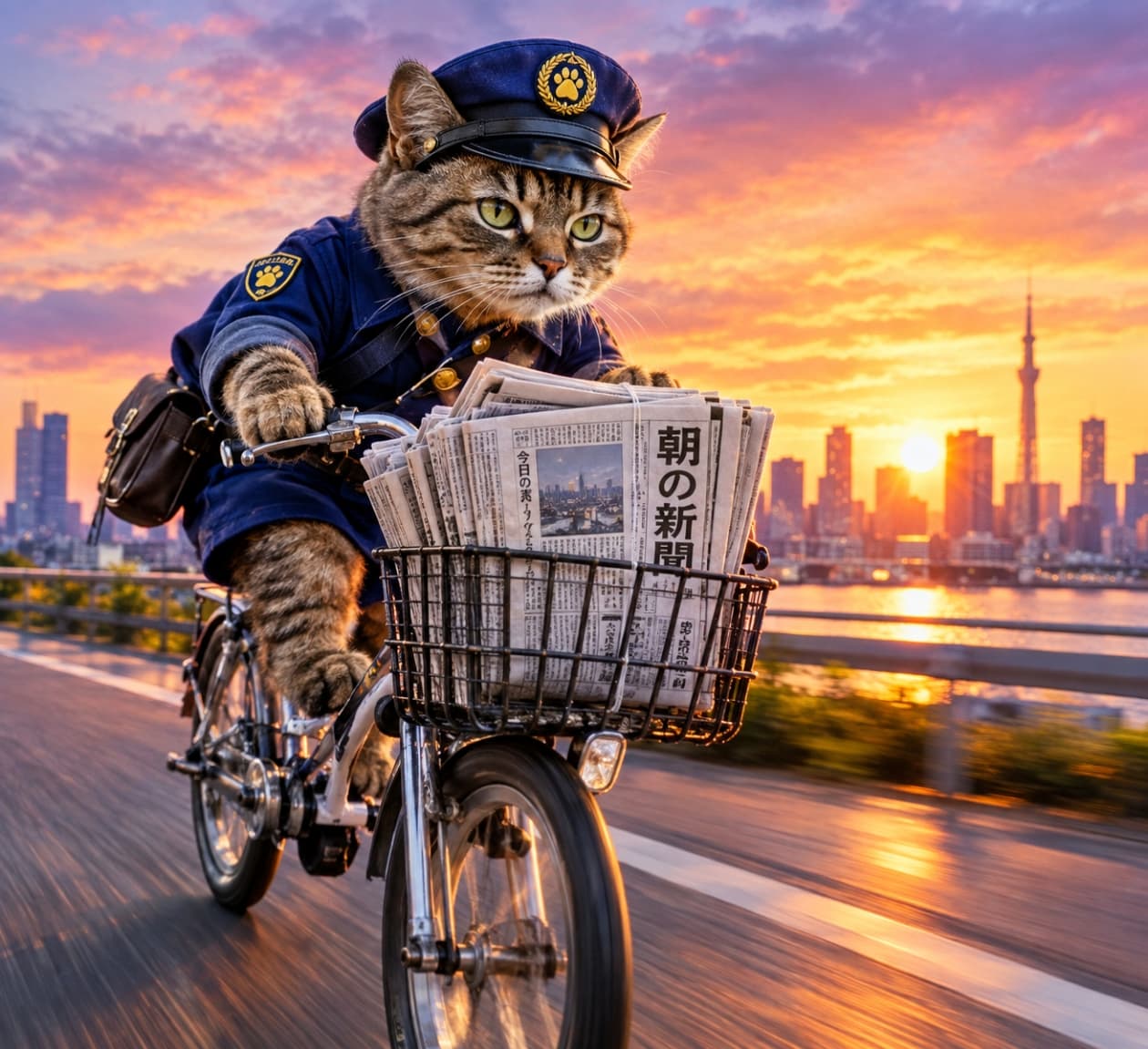「朝一番のニュースを全力でお届けにゃ🚲💨オレンジ色の朝焼けをバックに頑張る姿に元気をもらえるね🌅💪」Ultra-realistic high-quality photograph of a tabby cat perfectly wearing a blue uniform and cap, standing on the pedals of a bicycle with a front basket full of newspapers, against a beautiful orange sunrise and city skyline. The dynamic composition and earnest yellow-green eyes convey passion for the job. 美しいオレンジ色の朝焼けと都会のスカイラインを背景に、青い制服と帽子を完璧に着こなしたキジトラ猫が、前カゴに新聞をたっぷり積んだ自転車を立ち漕ぎで懸命に走らせている様子。スピード感あふれる構図と、真剣な黄緑色の瞳が仕事への情熱を感じさせる超リアルで高品質な写真