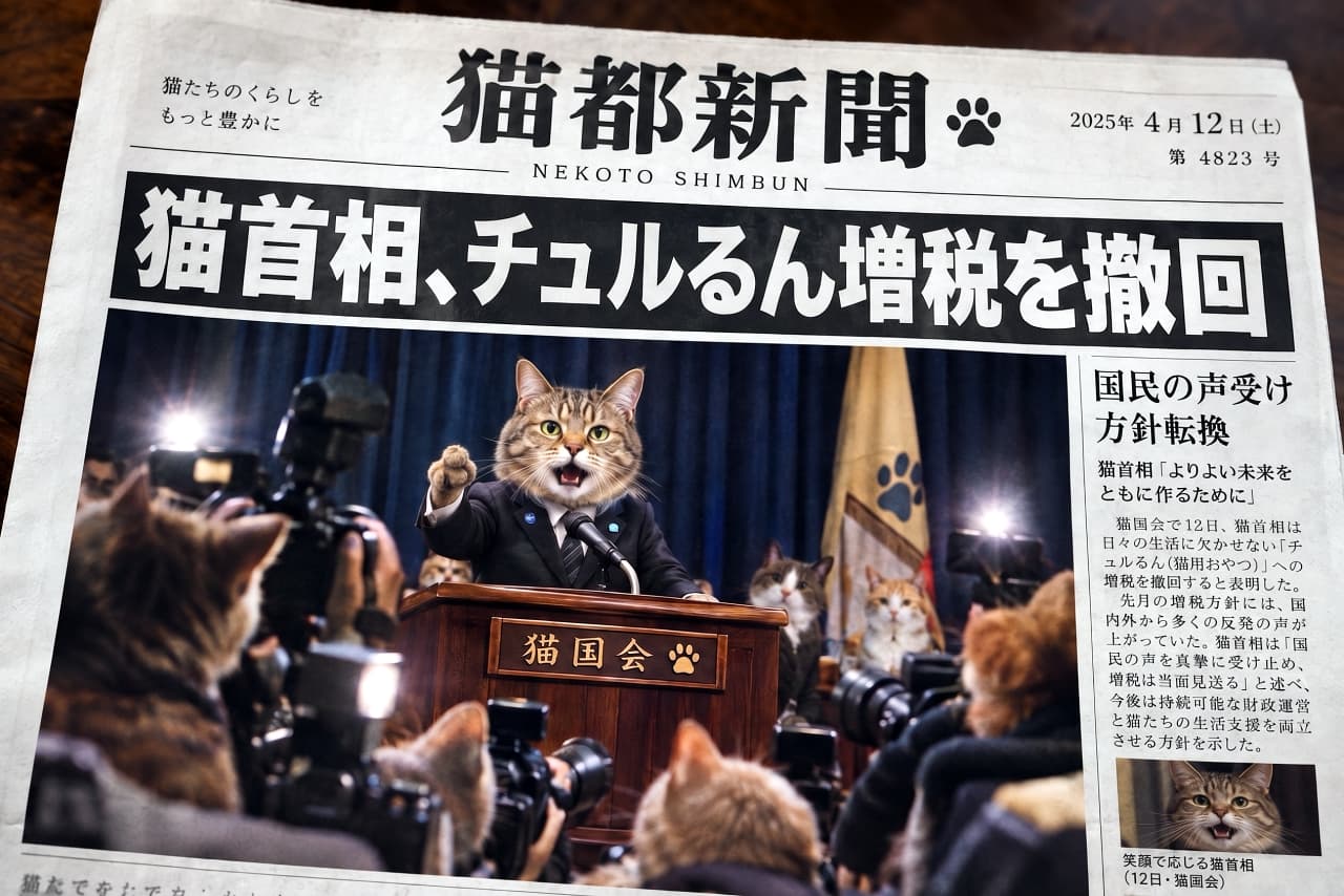 「国民の声をキャッチして増税撤回にゃ🐾力強い演説で国会を沸かせる猫首相の熱い決断を見逃すな！🔥💼」Ultra-realistic high-quality photograph of a tabby cat prime minister wearing a dark suit and tie, standing at a wooden podium and forcefully raising its right paw while giving an impassioned speech into a microphone. Bathed in countless camera flashes with reporter cats watching intently, capturing a tense and energetic moment, designed as a fictional newspaper article. ダークスーツにネクタイをビシッと締めたキジトラ猫の首相が、木製の演壇に立ち、マイクに向かって力強く右前足を振り上げながら熱弁を振るう様子。無数のカメラのフラッシュを浴び、周囲の記者猫たちが熱心に見守る、緊張感と活気に満ちたリアルで高品質な写真。架空の新聞記事風デザイン