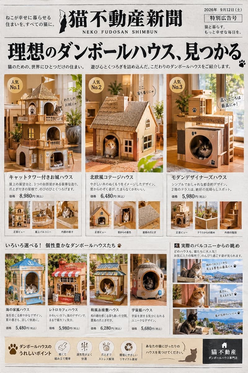 「夢のマイホームをついにゲット🏠🐾お城のバルコニーから見下ろす景色は最高にゃん🐱王様気分を満喫中👑」Ultra-realistic high-quality photograph of a tabby cat proudly peeking out from a luxurious castle-shaped cardboard house with a complex structure and balcony. The finely crafted details of the railings and windows catch the eye, while indoor lighting highlights the warm texture of the cardboard. The cat's satisfied expression and relaxed pose convey comfort, designed as a fictional real estate advertisement. 複雑な構造とバルコニーを備えた豪華なお城型のダンボールハウスから、キジトラ猫が誇らしげに顔を覗かせている様子。精巧に作られた手すりや窓のディテールが目を引き、室内照明がダンボールの温かみのある質感を際立たせている。猫の満足げな表情とリラックスしたポーズが快適さを物語る、リアルで高品質な写真。架空の不動産広告風デザイン