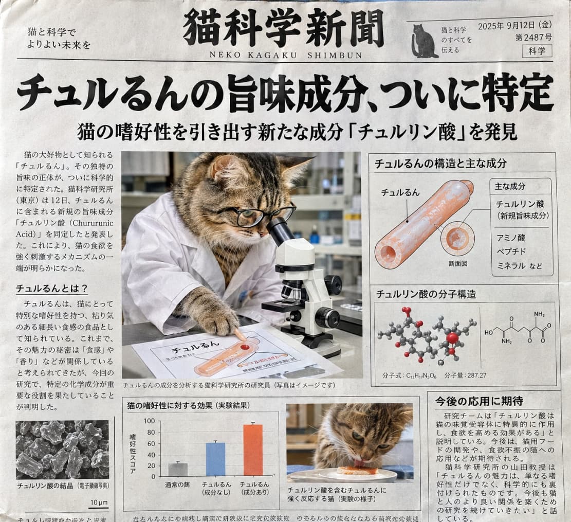 「おやつの美味しさの秘密を大発見にゃ🔍✨キジトラ博士の真面目な研究風景に思わずクスッとしちゃうね🐈‍⬛💡」Ultra-realistic high-quality photograph of a tabby cat wearing a white lab coat and intellectual round glasses, looking earnestly into a microscope in a laboratory. The adorable paw holding a pencil and the cool bluish lighting illuminating its striped fur create a professional yet humorous atmosphere in a fictional science newspaper design. 白衣を身にまとい、知的な丸眼鏡をかけたキジトラ猫が、実験室で顕微鏡を真剣な眼差しで覗き込んでいる様子。鉛筆を握る前足の愛らしさと、縞模様の被毛を照らす青みがかったクールな照明が、プロフェッショナルかつユーモラスな雰囲気を演出する、超リアルで高品質な写真。架空の科学新聞風デザイン