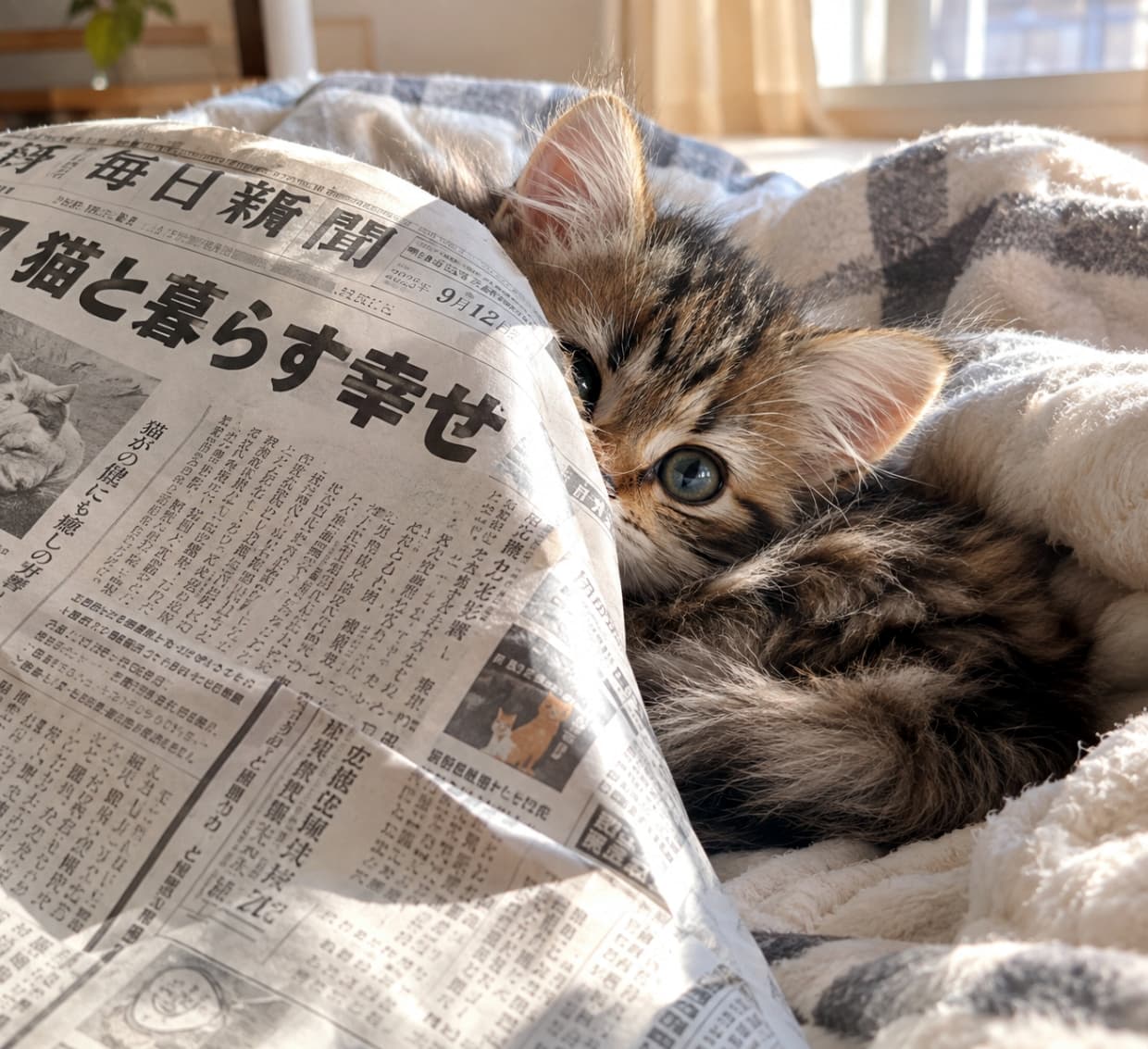 「新聞の隙間からこんにちは！☀️朝の光に包まれて、イタズラを計画中のふわふわキジトラちゃんです🐾いいね！してね🐈✨」Ultra-realistic high-quality photograph of a tiny, fluffy tabby kitten nestled in soft blankets on a bed, hiding under a Japanese newspaper ("Mainichi Shimbun"). She peeks one beautiful bluish-green eye from an opening with curiosity. Detailed texture of the delicate fur and the paper, featuring readable print like "Happiness of Living with Cats," is visible under warm morning sun filtering through a window. ベッドの柔らかいチェック柄とフリースの毛布に包まれ、日本の新聞「毎日新聞」の下に隠れたキジトラの子猫。新聞の切れ目から、美しい青緑色の片目だけを好奇心旺盛に覗かせている。ふわふわとした繊細な被毛の質感、新聞紙のリアルな紙質と印刷された「猫と暮らす幸せ」などの文字、窓から差し込む暖かな朝の光が詳細に描写された、超リアルな写真