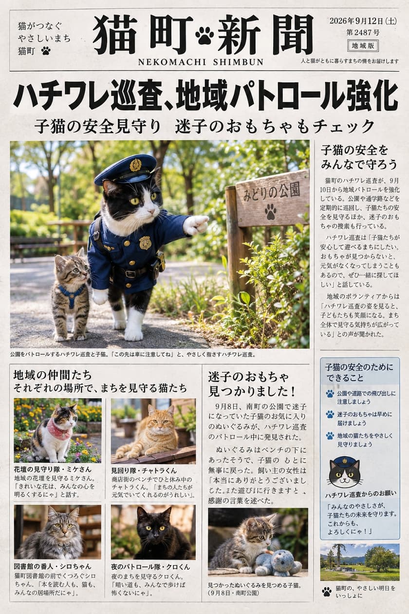 「まちの平和は僕たちにお任せ🐾✨頼もしいハチワレ巡査と見習い子猫のパトロール隊が出動中だよ👮‍♂️🌳」Ultra-realistic high-quality photograph of a tuxedo cat wearing a sharp blue police uniform and cap, patrolling a lush green park alongside a tabby kitten on a blue harness. The tuxedo cat points forward with serious golden eyes, while dappled sunlight gently illuminates their fur, designed as a fictional newspaper article. 警察官の青い制服と帽子を凛々しく着こなすハチワレ猫が、青いハーネスを付けたキジトラの子猫と共に緑豊かな公園をパトロールする様子。ハチワレ猫は真剣な黄金色の瞳で前方を指差し、木漏れ日が二匹の毛並みを優しく照らし出す情景豊かなリアルで高品質な写真。架空の新聞記事風デザイン