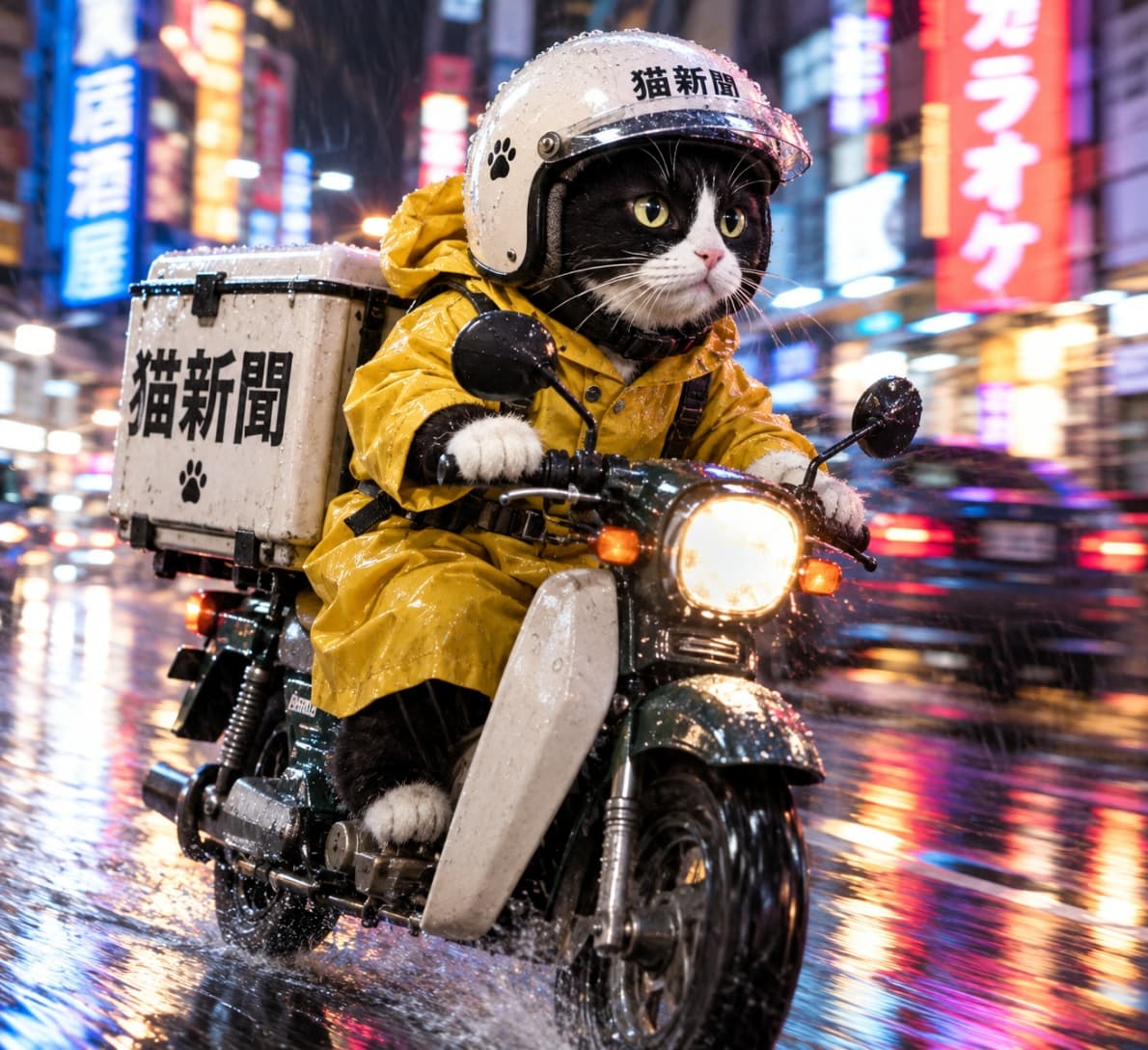 「雨の日も風の日も全力疾走🛵💨ネオン街を駆け抜けるハチワレ配達員さんのプロ魂を応援してニャ☔🔥」Ultra-realistic high-quality photograph of a tuxedo cat wearing a white helmet and yellow raincoat, riding a retro delivery scooter through a neon-lit city on a rainy night. The dynamic scene captures wet asphalt reflecting lights, water splashes, and the cat's earnest eyes. ネオンサインが輝く雨の夜の街を、白いヘルメットと黄色のレインコートを着たハチワレ猫が、配達用のレトロなバイクに乗って疾走している様子。濡れたアスファルトに反射する光や、水しぶき、真剣な瞳がダイナミックに描かれた超リアルで高品質な写真