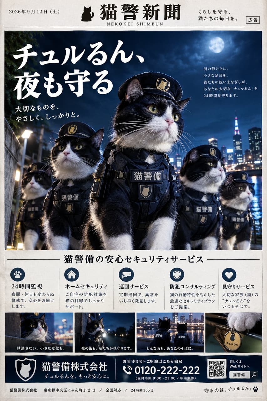 「街の平和は僕らが守るニャ👮‍♂️✨夜のパトロールもバッチリこなす頼もしいハチワレ警備隊の登場だよ🌙🐾」Ultra-realistic high-quality photograph of tuxedo cats perfectly wearing black security uniforms and caps, standing with dignified expressions against a night city backdrop with a full moon. The sharp contrast of their bright yellow-green eyes and black-and-white fur, along with heavy equipment details, are beautifully captured. 満月が輝く夜の街を背景に、黒い警備服と帽子を完璧に着こなしたハチワレ猫たちが凛々しい表情で並んで立っている様子。鋭い黄緑色の瞳とシャープな黒白の被毛のコントラスト、重厚感のある装備のディテールが美しい、超リアルで高品質な写真