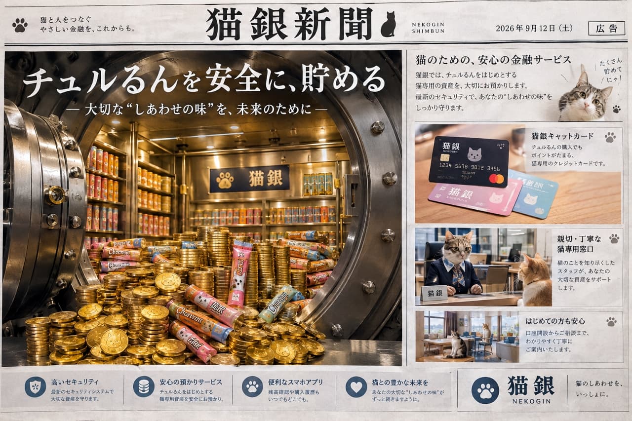 「猫界の一番の宝物はこれニャン🏦✨大切なごほうびをしっかり守る鉄壁の金庫に安心お預け大成功💰🐾」Ultra-realistic high-quality photograph of a giant open metal vault filled with a mountain of shining gold coins and pink "Chururun" cat treat packages. Designed as a stately bank advertisement, visualizing wealth and absolute security. 分厚い金属製の扉が開かれた巨大な金庫の中に、ピカピカに輝く大量の金貨と、ピンク色のおやつ「チュルるん」のパッケージが山のように積まれている様子。重厚な銀行の広告風デザインで、豊かさと安全性を象徴する超リアルで高品質な写真