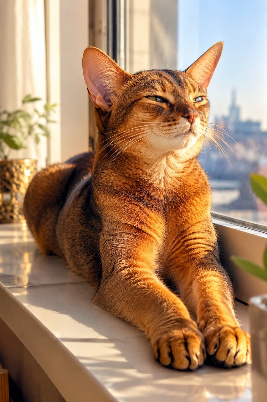 「ポカポカの窓辺は特等席ニャ🐾✨お日様の光を浴びて黄金色に輝く毛並みが美しすぎる…!」Ultra-realistic high-quality photograph of a ruddy Abyssinian cat relaxing by a window bathed in warm morning sunlight. The cat is in a classic sphinx position with front paws extended, eyes narrowed in comfort. The background features houseplants and a softly blurred cityscape, highlighting the beautiful texture of its ticked tabby coat. 暖かな朝の太陽を全身に浴びて窓辺でくつろぐ、ルディカラーのアビシニアン。前足を真っ直ぐに伸ばした美しいスフィンクス座りで、目を細めて心地よさそうに光を堪能しています。背景には観葉植物とぼやけた街のシルエットが広がり、赤褐色の細かく輝く被毛の質感が美しく際立っています
