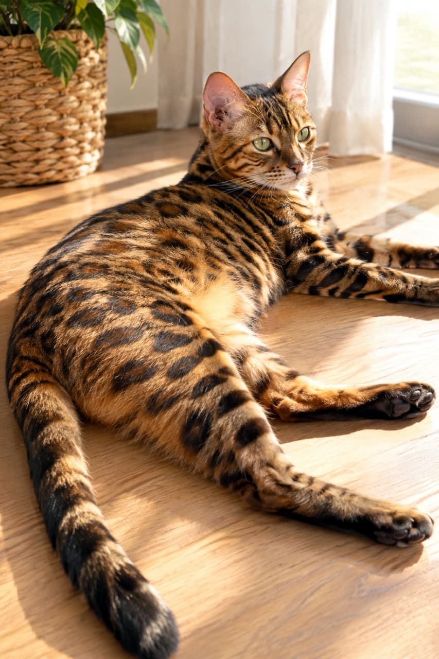 「おひさまの光を浴びて輝くロゼット柄がゴージャス✨野生のヒョウがお部屋でくつろいでいるみたいで最高にかっこいい🐆」Ultra-realistic high-quality photograph of a Bengal cat relaxing in a side-sitting position on a wooden floor bathed in warm sunlight. The natural light highlights the wild beauty of its striking rosette-patterned coat, as the cat gracefully looks back with clear green eyes. 窓辺の暖かい日だまりの中で、フローリングの上に後ろ足を流すようにして横座りをするベンガル猫。美しいコントラストを描くロゼット模様の被毛にサイドからの自然光が当たり、野生的な美しさが際立っています。澄んだグリーンの瞳で穏やかに振り返るポーズが非常に優雅