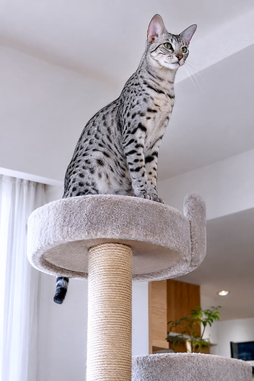 「お部屋の平和は私が上から監視してるにゃ😼✨ ヒョウのような美しい模様と堂々とした佇まいにひれ伏しそう!👑 #エジプシャンマウ #キャットタワー #猫のいる生活」An ultra-realistic high-quality photograph of an adult Egyptian Mau sitting in a highly alert Egyptian sit on the top tier of a tall cat tree. Featuring a striking silver spotted tabby coat and sharp green eyes, the cat looks down at the entire room, ready to spring into action, exuding wild majesty under crisp indoor lighting. 明るく清潔感のある室内で、高いキャットタワーの最上段に美しい銀色のスポッテッドタビー柄を持つエジプシャンマウの成猫がエジプト座りで座っている。凛とした淡いグリーンの瞳で部屋全体を見下ろし、何かあればすぐに飛びかかれるような高い警戒心と野生の威厳を放っている鮮明な写真