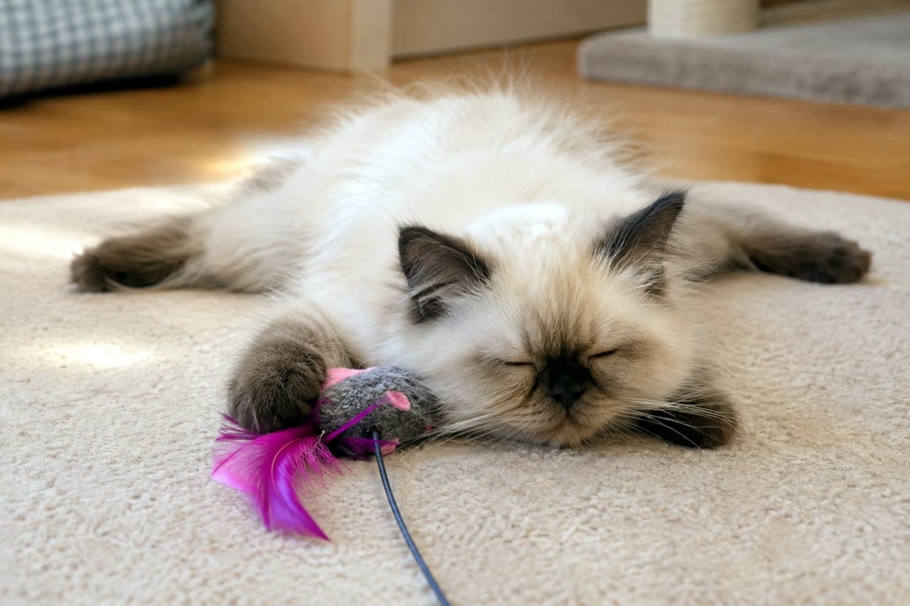 「遊びの途中で突然の電池切れ🔌 スライムみたいにペタンコになって眠る姿が愛おしすぎる!💕 #ヒマラヤン #子猫あるある #猫のいる生活」An ultra-realistic high-quality photograph of a Himalayan kitten completely asleep in a flat sploot position (frog legs) on a soft rug. A toy rests gently beneath its paw, illustrating a sudden drop in energy mid-play, beautifully captured in soft, warm ambient light. 柔らかで暖かな室内の光の中、フワフワのラグの上で、ポイントカラーが美しいヒマラヤンの子猫が後ろ脚を伸ばしたカエルポーズで完全に熟睡している。前脚の下にはピンクの羽がついたネズミのおもちゃが敷かれており、遊びの途中で突然電池切れした様子が愛らしい