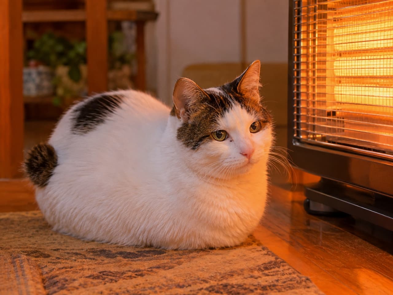「特等席は絶対に譲らないにゃ🐾 ヒーターの暖かさに包まれてぬくぬく冬支度完了!♨️ #ジャパニーズボブテイル #猫の冬 #猫のいる生活」An ultra-realistic high-quality photograph of an adult Japanese Bobtail cat formed into a tight cat loaf right in front of a space heater. It has tucked all its limbs safely underneath, illuminated by a warm orange glow from the heater in a cozy indoor setting. 暖かいオレンジ色の光を放つ電気ヒーターの目の前で、白とキジトラ模様のジャパニーズボブテイルが手足を完全に体の下にしまい込んだタイトな香箱座りをしている。短いポンポン尻尾が愛らしく、暖かな室内の光に照らされてリラックスした表情を浮かべている、非常に緻密な写真