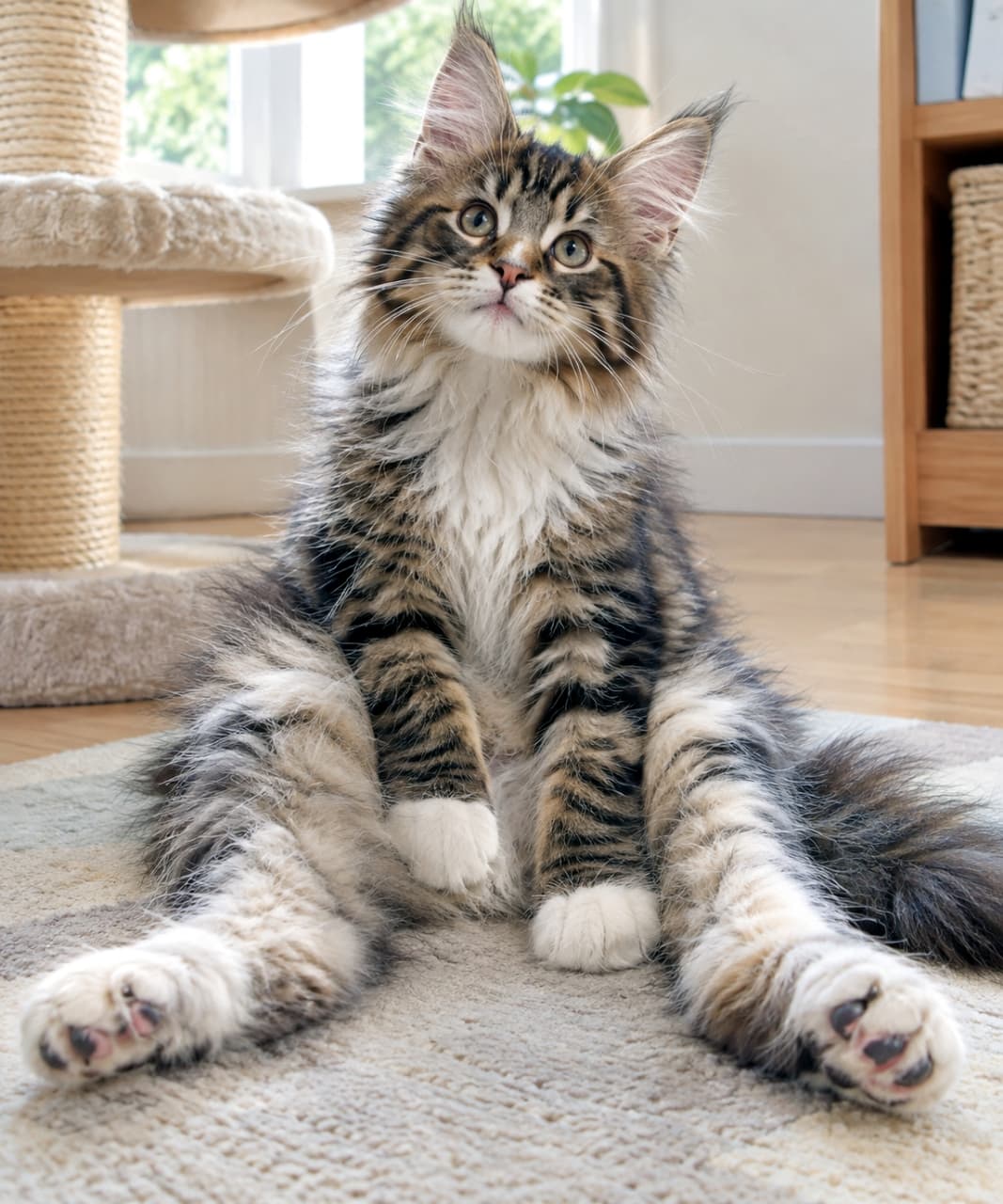 「手足が長すぎて上手にたためないの🐾 成長期ならではのちょっと不器用なリラックスポーズが最高!✨ #メインクーン #子猫の成長 #猫のいる生活」An ultra-realistic high-quality photograph of a Maine Coon kitten in an awkward growth phase, sitting in a Sco-sit with its hind legs thrust forward. It has beautifully detailed fluffy fur and a slightly confused but relaxed expression, illuminated by bright natural light. 明るい自然光が差し込む部屋で、成長期特有のアンバランスに長い手足を持て余したメインクーンの子猫が、後ろ脚を前に投げ出したスコ座りでくつろいでいる。豊かな飾り毛と少し困惑したようなあどけない表情が、非常に高精細に捉えられている
