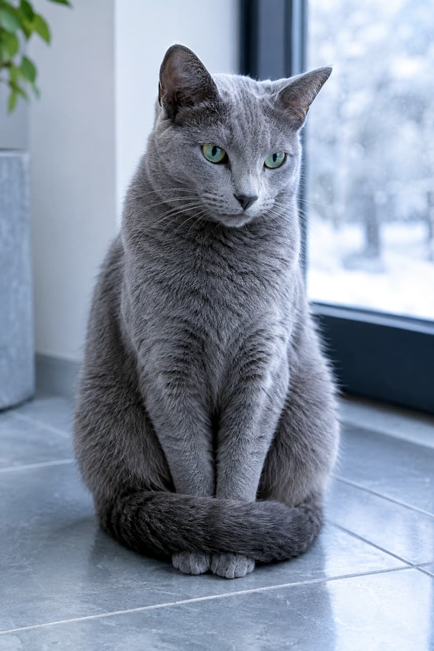 「冬の朝、タイルの冷たさを知る。でも美しさは隠せない🐈❄️ #ロシアンブルー #猫のいる暮らし」An ultra-realistic high-quality photograph of an adult Russian Blue cat sitting neatly on cold, grey floor tiles. The cat has a dense, silvery-blue coat and is positioned with its front paws together. Its thick tail is tightly wrapped around its legs to conserve warmth. The cat has a serene, yet slightly chilly expression, with striking green eyes. Bright, natural morning light streams through a large window in the background, showing the soft shapes of blurred trees. 冷たいグレーのタイルの上に、美しいシルバーブルーの被毛を持つ大人のロシアンブルーが、前脚を揃えてお行儀よく座っている。厚みのある尻尾を前脚に固く巻き付け、寒さを凌いでいるような、静かでどこか冷ややかな表情を浮かべている。背景の大きな窓からは、朝の静かで冷涼な光が差し込み、木々の輪郭がぼんやりと見える