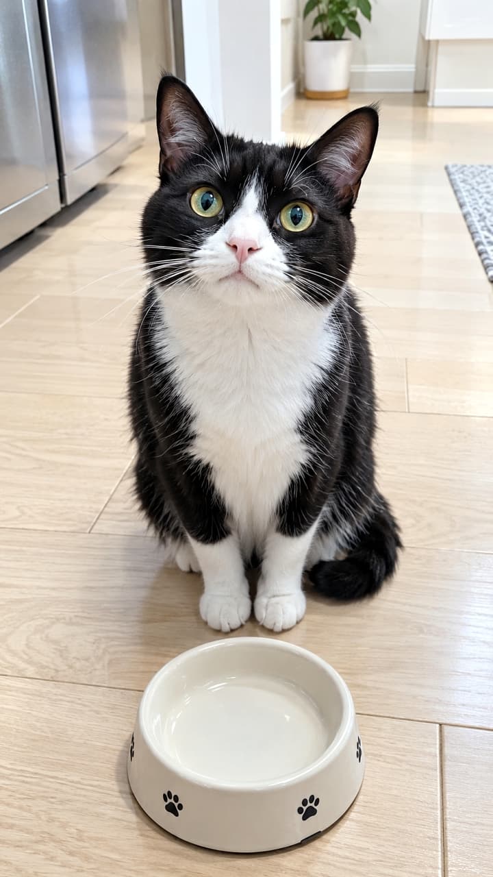 「「ねぇねぇ、ご飯まだニャ?」ってお行儀よく待機中🐾こんな真っ直ぐな瞳で見つめられたら、すぐにあげちゃうよね🐟💨」Ultra-realistic high-quality photograph of a black and white tuxedo cat sitting politely in front of an empty ceramic food bowl on a wooden floor. With its front paws neatly together, the cat looks up with big, expectant yellow eyes. The clear contrast of its coat and the eager expression perfectly capture mealtime anticipation. フローリングの部屋で、肉球マークがついた空のフードボウルの前にちょこんと行儀良く座るタキシード柄のハチワレ猫。前足を揃えた基本のお座りポーズで、期待に満ちた真ん丸な黄色い目でじっとこちらを見上げています。白黒のコントラストがはっきりした被毛と、ご飯を待つ健気な表情が印象的