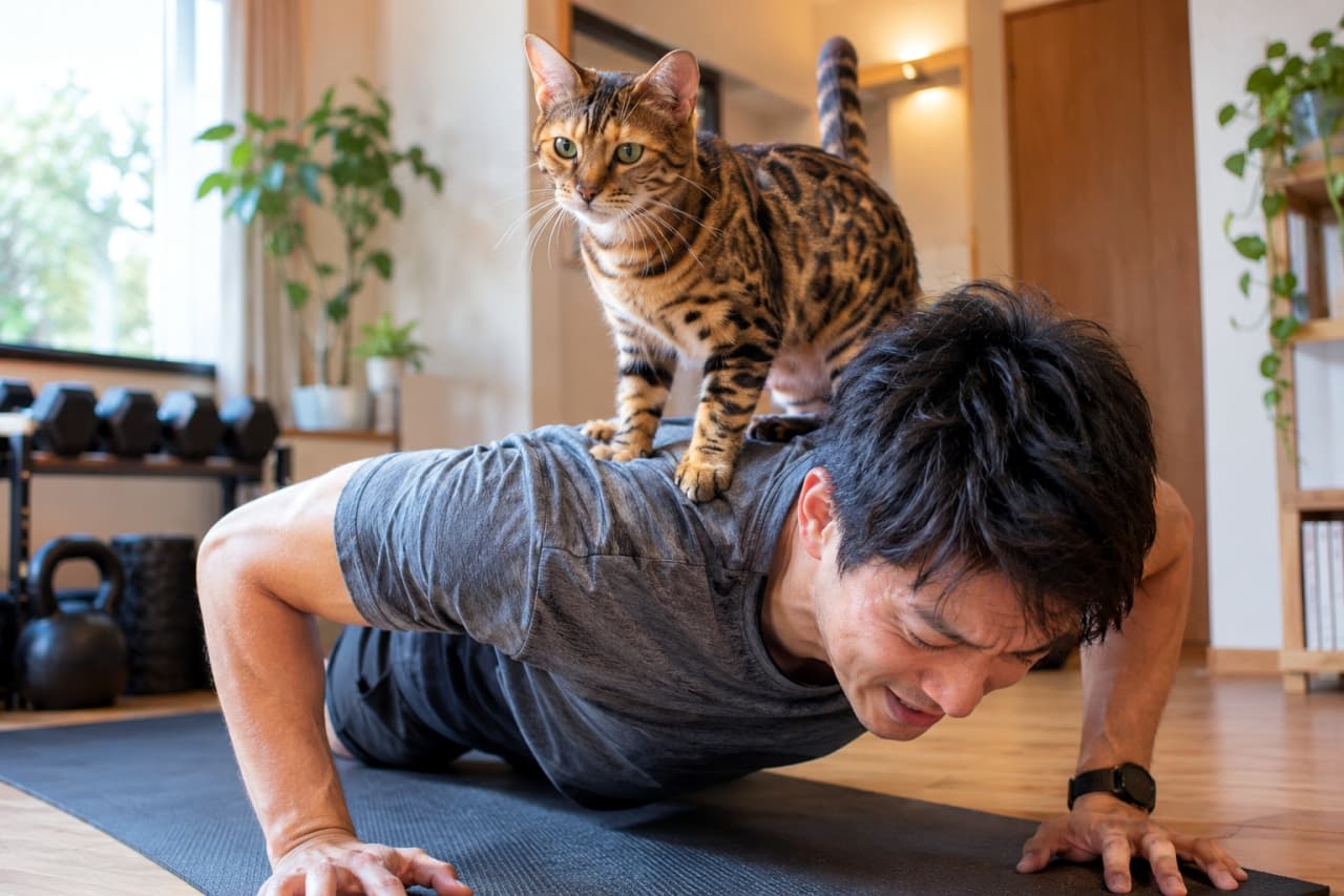 「筋トレの負荷を私がプラスしてあげるにゃ🏋️♂️ 容赦なく背中に乗るスパルタトレーナーの圧に、飼い主は限界突破です💦」An ultra-realistic high-quality photograph of a majestic Bengal cat standing confidently on the back of a man who is struggling to do push-ups on a yoga mat in a sunlit home gym, acting as an adorable extra weight. 日差しの入るホームジムで、ヨガマットの上で腕立て伏せをして苦悶の表情を浮かべる男性の背中に、涼しい顔で堂々と乗っているベンガル猫。美しいブラウンスポッテッドタビーの被毛が筋肉質な体躯を際立たせています