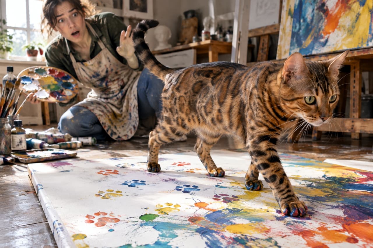 「私が最後の仕上げをしてあげるにゃ🎨 カラフルな足跡アートの完成に、飼い主さんは大パニックです🐈💨」An ultra-realistic high-quality photograph of a striking Bengal cat walking confidently across a canvas on the floor, leaving colorful painted paw prints behind, while the artist in the background looks shocked holding a palette in a sunlit art studio. 自然光が差し込むアートスタジオで、床に広げられたキャンバスの上を堂々と歩くベンガル猫。足の裏にはカラフルな絵の具がべっとりと付き、キャンバスに可愛らしい肉球の足跡を残しています。背景にはパレットを持って大慌てする飼い主の姿が躍動感たっぷりに描かれています