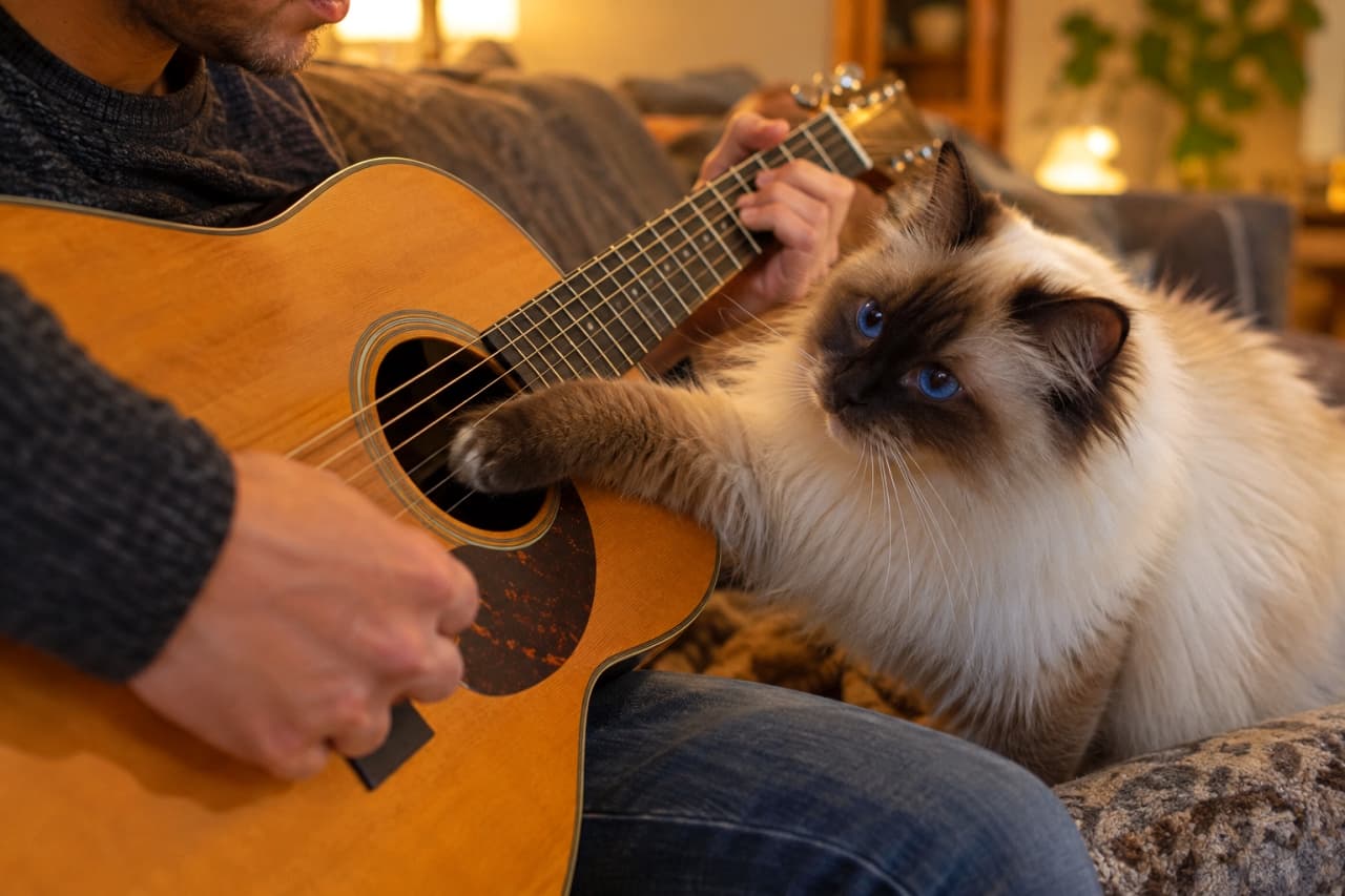 「私も一緒にセッションするにゃ🎸🐾 ギターの弦にじゃれつく最高の相棒のおかげで、練習が全く進みません😂」An ultra-realistic high-quality photograph of a beautiful senior Birman cat with bright sapphire blue eyes, playfully reaching its paw towards the strings of an acoustic guitar being played by a man in a cozy, warmly lit living room. 温かい間接照明の灯るリビングで、男性が弾くアコースティックギターの弦に前足を伸ばしてじゃれつく、美しい老猫のバーマン。サファイアブルーの瞳を輝かせ、真剣な表情で演奏を邪魔する愛らしい姿