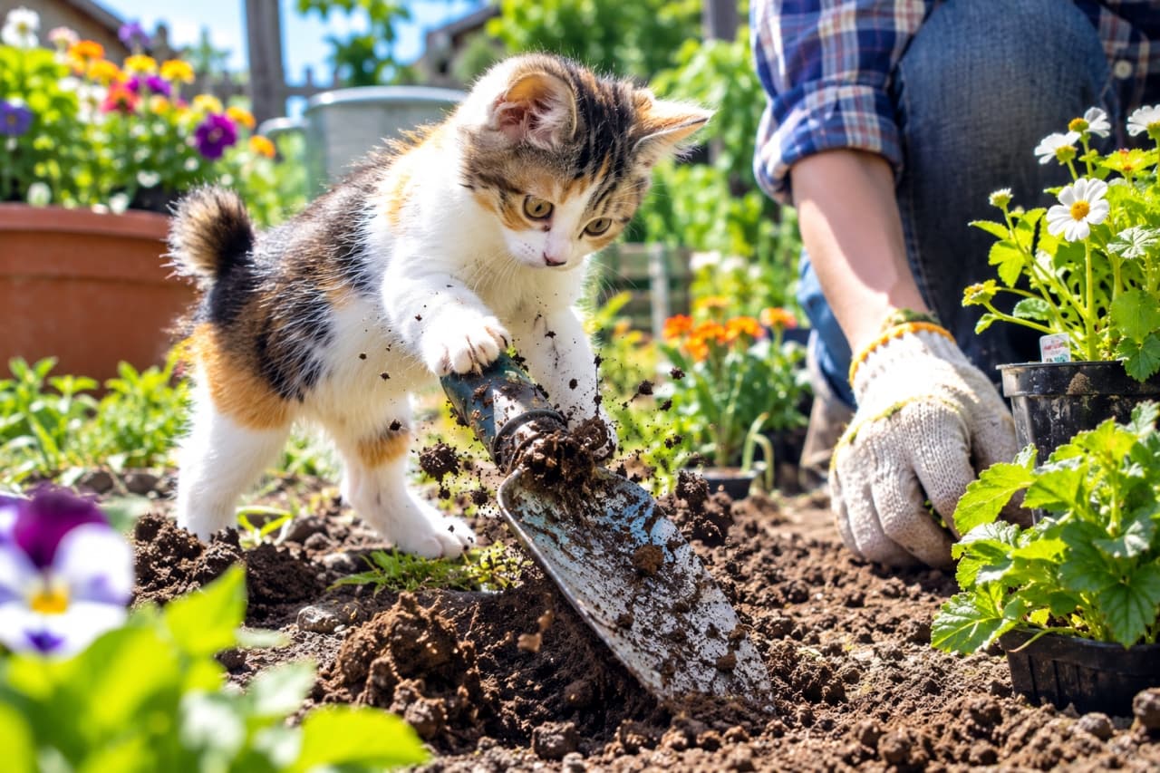 「ガーデニングのお手伝いはお任せにゃ🌱🐾 土遊びに夢中な子猫の登場で、作業は全く進みません😂!」An ultra-realistic high-quality photograph of an energetic calico kitten pouncing on a gardening trowel, making dirt fly in the air, while its owner is tending to a sunny spring garden filled with colorful flowers. 春の陽気の下、色とりどりの花が咲く庭でガーデニングを楽しむ飼い主。その手に握られたシャベルに小さな前足をかけ、舞い上がる土ごと遊び道具にしてしまう元気いっぱいな三毛の子猫の躍動感ある姿