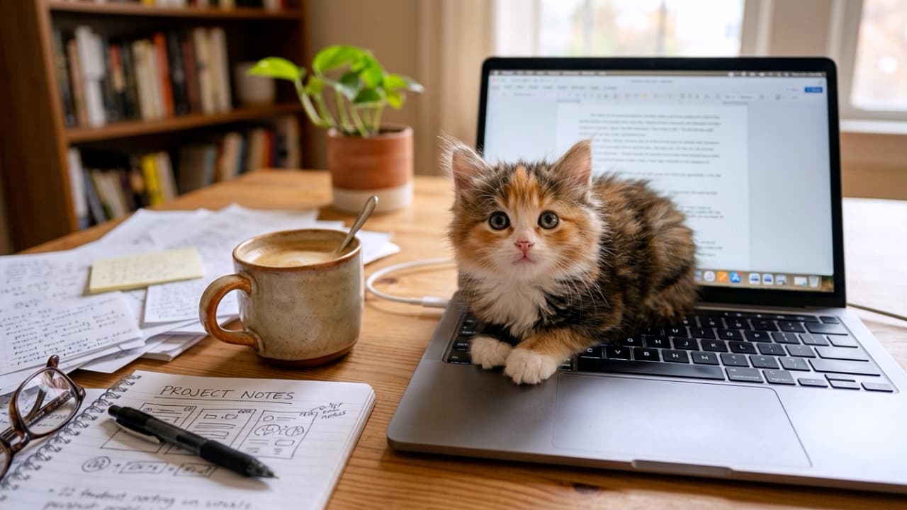 「「お仕事はっけん！ぼくが手伝うよ🐾」キーボードの上を占領する三毛猫ちゃん。こんな可愛いお邪魔虫なら大歓迎!?💻💕」Ultra-realistic high-quality photograph of a tiny, fluffy calico kitten sitting in a crouching pose on an open laptop\'s keyboard on a cluttered wooden desk. The kitten, featuring ruffled orange, black, and white fur and wide dark eyes, looks directly at the camera with its perfectly round, paw-pad-less front paws tucked under its chest on the laptop. On the left, a rustic ceramic mug of coffee with a spoon, scattered paperwork, a spiral notebook labeled \"PROJECT NOTES\", a pen, and glasses are visible. A small potted plant and a bookshelf filled with books are softly blurred in the background under warm natural light from a window on the right.　雑然とした木目のデスクの上で、開いたノートPCのキーボードの上にちょこんと乗ってこちらをじっと見つめる、長毛種（ラパーマやメインクーンのミックス風）の三毛猫の子猫。オレンジ、黒、白のフワフワとした被毛が特徴的で、大きな暗色の瞳でカメラを真っ直ぐ見つめている。顔の下には、プロンプトの指示通り、肉球も爪も見えない丸い前足をキーボードのフチに揃えている。デスクの左側には、コーヒーが入った陶器のマグカップ、スプーン、散らかった書類、「PROJECT NOTES」と書かれたスパイラルノート、黒いペン、眼鏡が置かれている。背景には小さな鉢植えの観葉植物（モンステラ）や、本が詰まった書棚が温かい自然光の中で柔らかくボケて写り込んでいる、リアルで高画質な写真