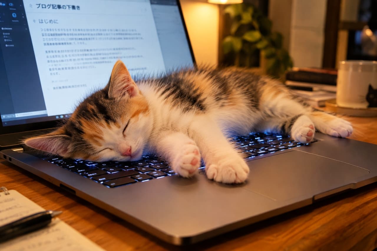 「お仕事はおしまいにゃ💤 温かいキーボードは最高のベッド!この寝顔を見たらタイピングできませんね💻✨」An ultra-realistic high-quality photograph of an adorable calico kitten sleeping peacefully on the glowing keyboard of a laptop showing a blog draft, illuminated by warm ambient lighting on a wooden desk at night. 夜の薄暗い部屋で、ブログ記事の下書きが表示されたノートパソコンの光るキーボードの上に横たわり、スヤスヤと気持ちよさそうに眠る三毛の子猫。温かみのある間接照明が、柔らかな毛並みを優しく照らしています