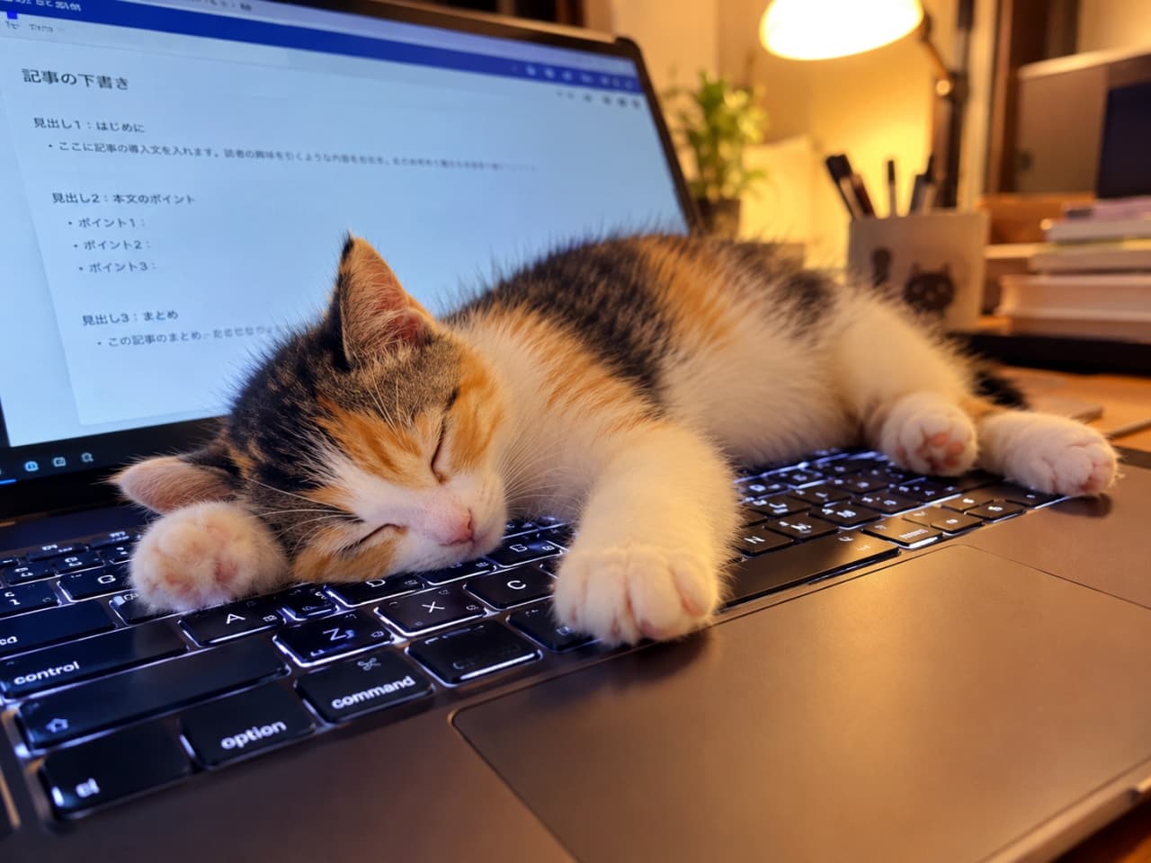 「お仕事はもうおしまいにゃ💤 温かいキーボードのベッドを占領されて、今日の執筆作業は強制終了です🐾」An ultra-realistic high-quality photograph of a tiny calico kitten sleeping deeply on a glowing laptop keyboard with a blog draft on the screen, illuminated by a warm desk lamp in a cozy room at night. 夜の温かい間接照明に照らされたデスクで、ブログ記事の下書きが開かれたノートパソコンのキーボード上に横たわり、無防備な姿でスヤスヤと眠る三毛の子猫。柔らかな白、黒、茶の被毛と、ピンク色の小さな肉球が鮮明に描写