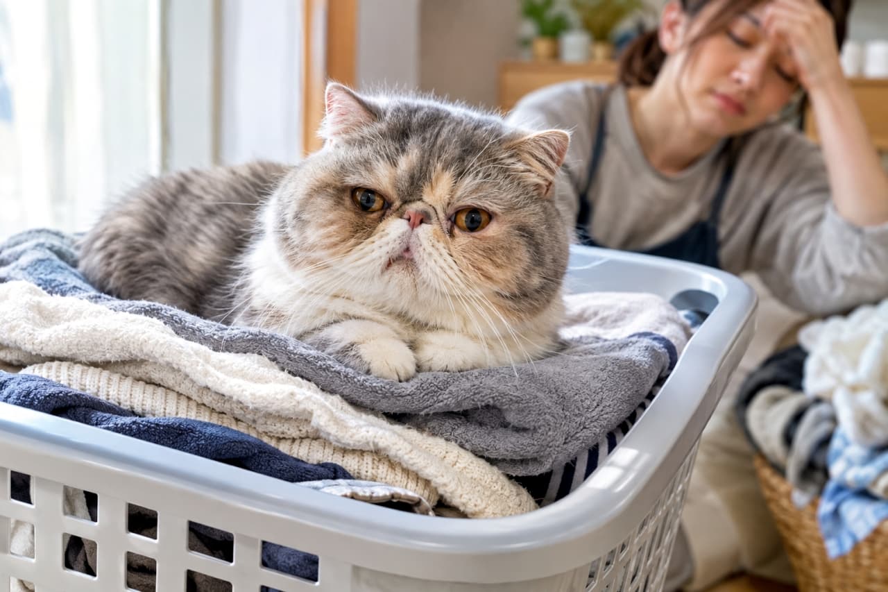「温かいベッドを見つけたにゃ🐱ほかほかの洗濯物を占拠されて家事はお休みです🧺」An ultra-realistic high-quality photograph of a blue tabby and white Exotic Shorthair cat sitting comfortably on top of a laundry basket full of folded clothes, with the frustrated owner blurred in the background in a sunlit room. 陽の当たる室内で、畳む前の衣類やタオルが山盛りになったランドリーバスケットの上にどっしりと快適そうに座るブルータビー&ホワイトのエキゾチックショートヘア。背景には、頭を抱えてため息をつく飼い主の姿がぼやけて写り込んでいます