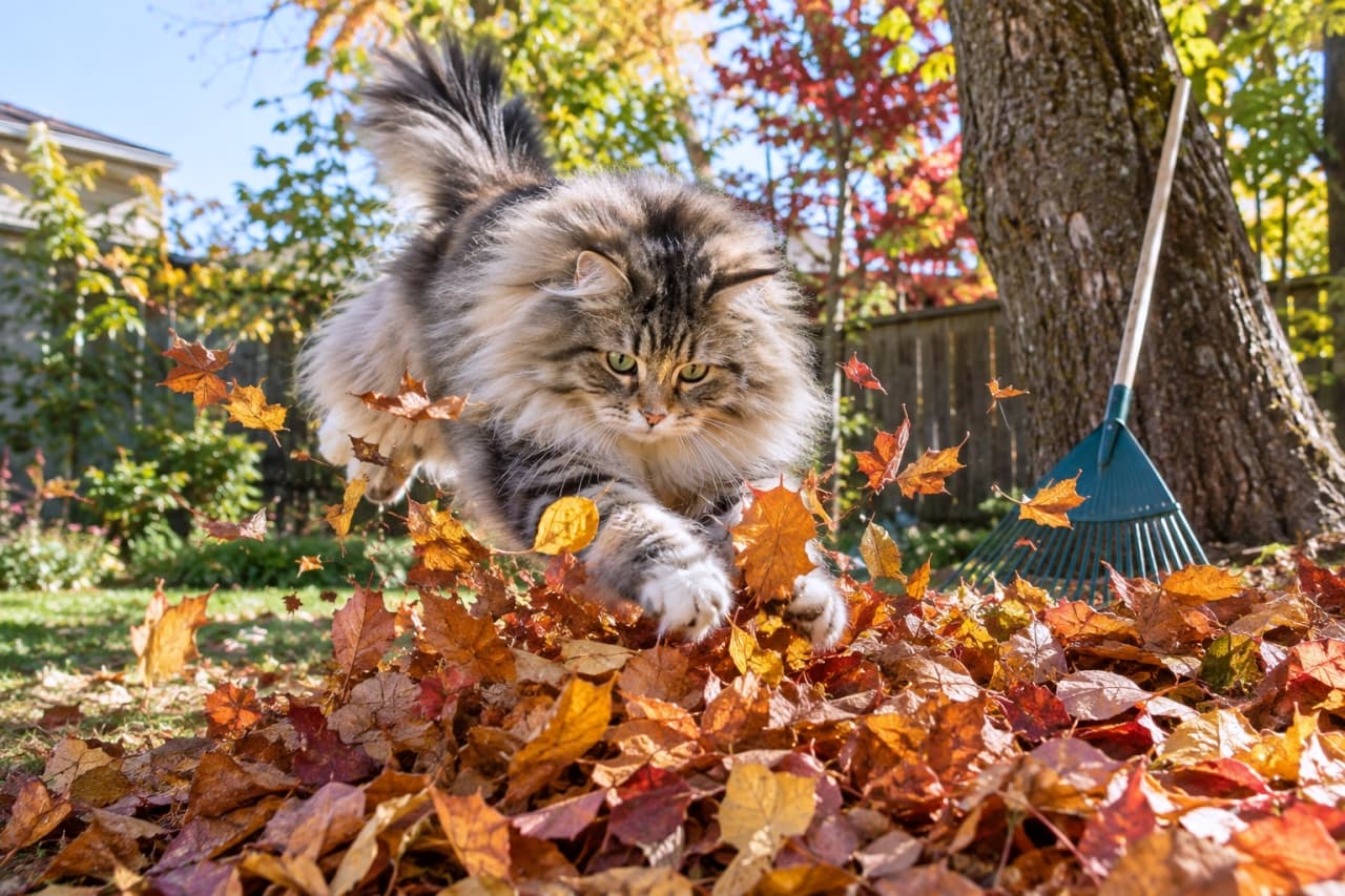 「落ち葉の山は最高の遊び場にゃ🍂💨 ダイナミックなジャンプを見せる凄腕ハンターの登場で、お庭の掃除はやり直しです🧹」An ultra-realistic high-quality photograph of a fluffy brown tabby Siberian cat jumping dynamically into a pile of colorful autumn leaves with its paws stretched out, illuminated by bright backlighting in a sunny autumn garden. 晴れ渡る秋の庭で、かき集められた赤や黄色の落ち葉の山に向かって、空中で両前足をいっぱいに伸ばしてダイナミックに飛び込むブラウンタビーのサイベリアン。逆光気味の日差しが長い被毛を輝かせる躍動感あふれる瞬間