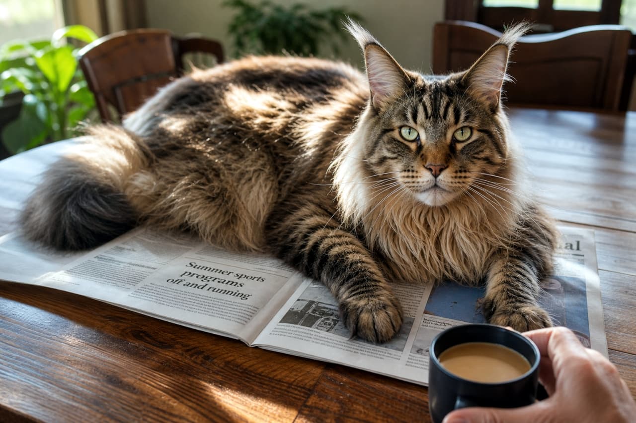 「今日のスケジュールは私を撫でることにゃ🐾 活字よりモフモフを優先せよという、上司からの無言の圧力が凄いです☕️」An ultra-realistic high-quality photograph of a majestic brown tabby Maine Coon cat resting heavily on a morning newspaper on a wooden table, staring intently with its tufted ears glowing in the morning sunlight as its owner holds a coffee cup. 朝の陽光が差し込む木製のテーブルで、広げられた英字新聞の上にどっしりと寝そべるブラウンタビーのメインクーン。コーヒーを飲もうとする飼い主の目の前で、特徴的な耳の飾り毛と貫禄のある鋭い眼差しを向けています