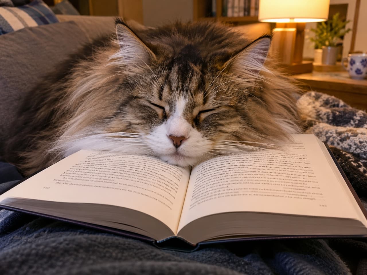 「活字を読むより私の寝顔を見てにゃ💤 ページをめくる手を完全に封じる、可愛すぎる睡眠攻撃に完敗です📖」An ultra-realistic high-quality photograph of a fluffy brown tabby and white Norwegian Forest Cat, sleeping peacefully with its chin resting on an open hardcover book on a cozy sofa, illuminated by warm ambient lighting from a desk lamp in the background. 温かみのある間接照明が灯る室内のソファで、飼い主が開いた厚い本の上に顎を乗せてスヤスヤと眠る、キジ白のノルウェージャンフォレストキャット。ふさふさの被毛と幸せそうな寝顔が、リラックスした夜の読書タイムを象徴するように描かれています