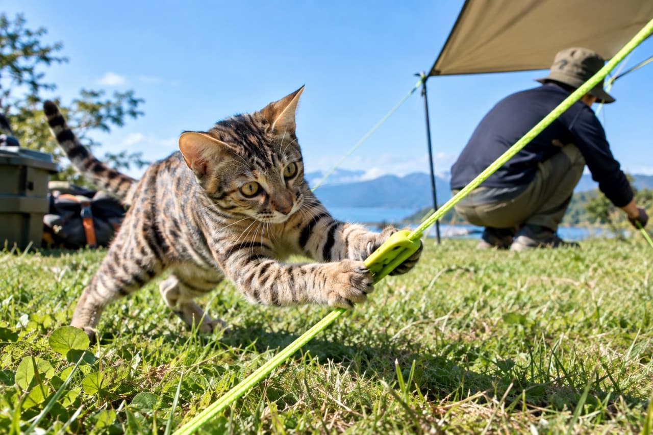 「テント張りのお手伝い(?)はお任せにゃ🐾 ロープに夢中なワイルドキャンパーのおかげで、設営は一時中断です🏕️✨」An ultra-realistic high-quality photograph of a spotted Ocicat young cat with beautiful rosette patterns playfully attacking and pulling a bright green tent guyline at a lakeside campsite under a clear blue sky, while the owner sets up the tent in the background. 青空が広がる湖畔のキャンプ場で、設営中のテントの蛍光グリーンのロープに全力で飛びついて爪を立てる、ロゼット柄が美しいオシキャットの若猫。奥でテントを張る飼い主をよそに、大自然の中での遊びに夢中なワイルドな情景