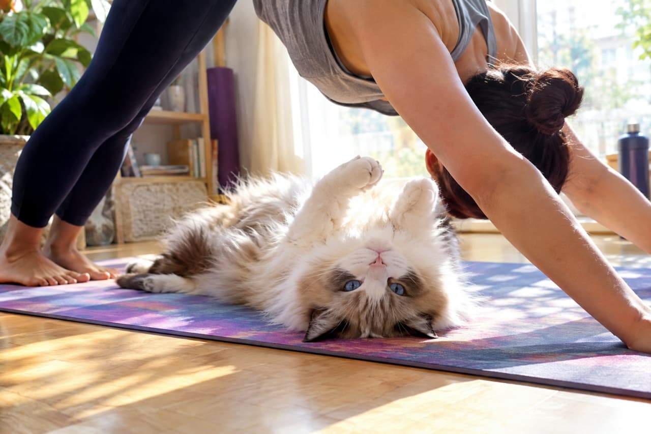 「ヨガの時間は私のリラックスタイムにゃ🐾 飼い主さんの下は特等席!邪魔してる自覚はゼロです😂」An ultra-realistic high-quality photograph of a fluffy Ragdoll cat with striking sapphire blue eyes, lying on its back in a totally relaxed pose on a yoga mat right underneath its owner doing a downward dog pose, bathed in warm sunlight in a living room. 陽の光が差し込むリビングで、ヨガのダウンドッグのポーズをとる飼い主の下に入り込み、ヨガマットの上で無防備にへそ天でくつろぐラグドールの猫。ふわふわの長毛と美しいサファイアブルーの瞳が印象的