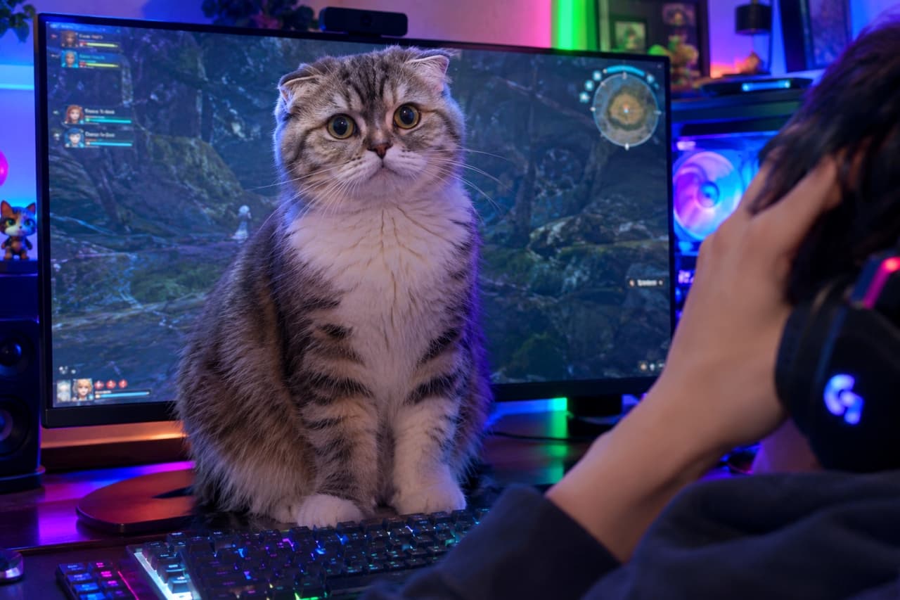「画面の中より私を見てにゃ🎮✨ ボスキャラよりも強敵な、可愛いお邪魔虫の登場でゲームは強制終了です!」An ultra-realistic high-quality photograph of a Scottish Fold cat with tabby and white fur, sitting squarely on a gaming keyboard and blocking the monitor, staring blankly at the gamer amidst a room lit by colorful LED lights. カラフルなLEDライトが輝くゲーミングPC環境で、モニターのど真ん中のキーボード上に陣取り、真顔でプレイヤーを見つめる折れ耳のスコティッシュフォールド。キジトラ白の被毛がサイバーな光に照らされています